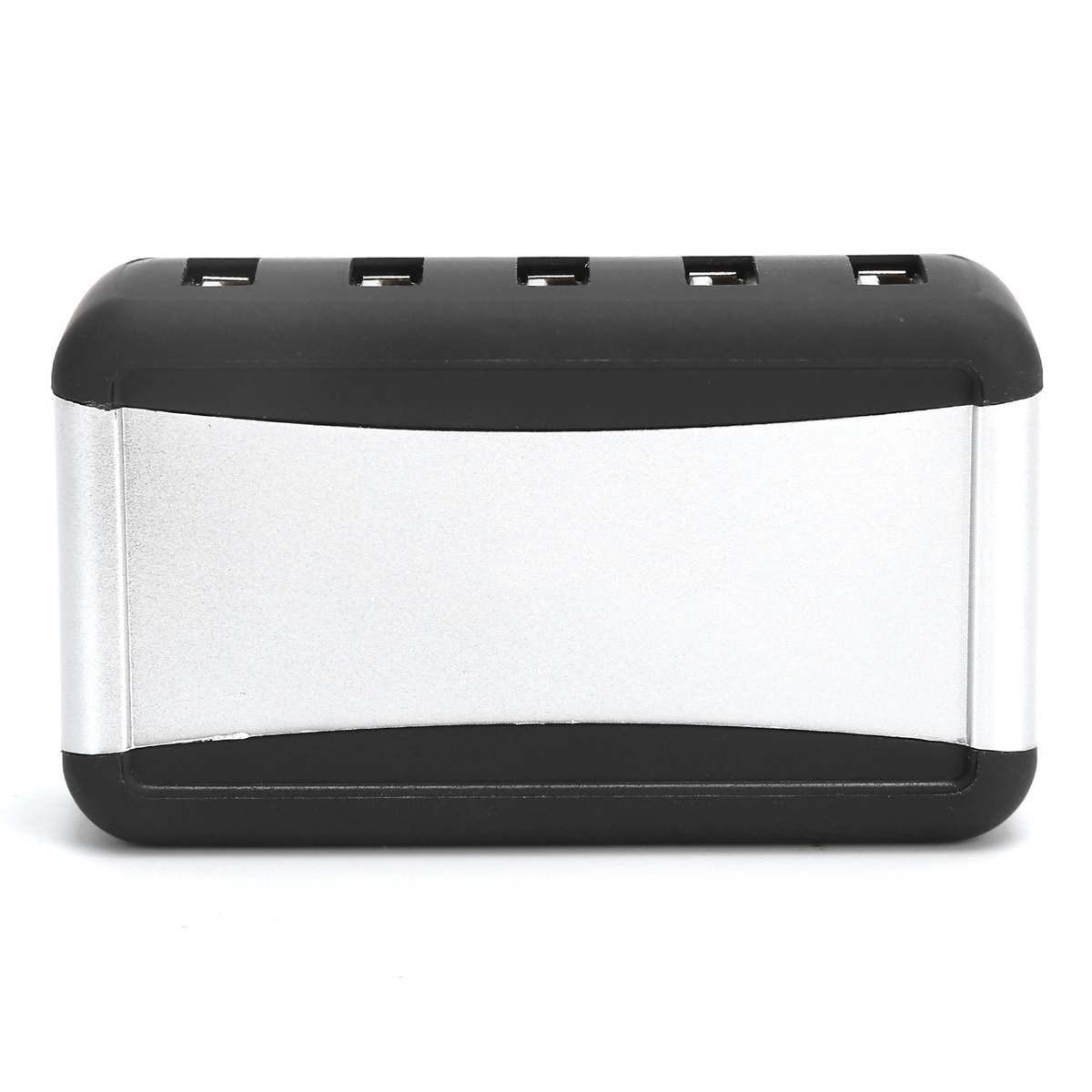 Ein schwarzer und silberner USB-Hub mit 4 USB-Anschlüssen, rechteckige Form.