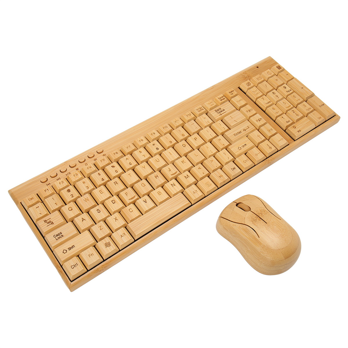 Ein helles Holz-Tastatur- und Maus-Set auf einer weißen Oberfläche.