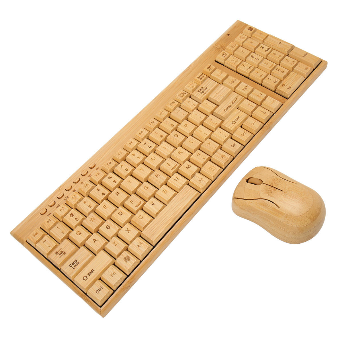 Ein Tastatur- und Maus-Set aus Holz. Die Tastatur ist in voller Größe mit Nummernblock.