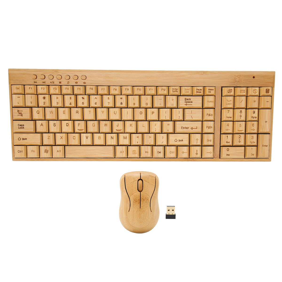 Ein Tastatur- und Maus-Set aus Bambus mit einem USB-Empfänger. Es befindet sich auf weißem Hintergrund.