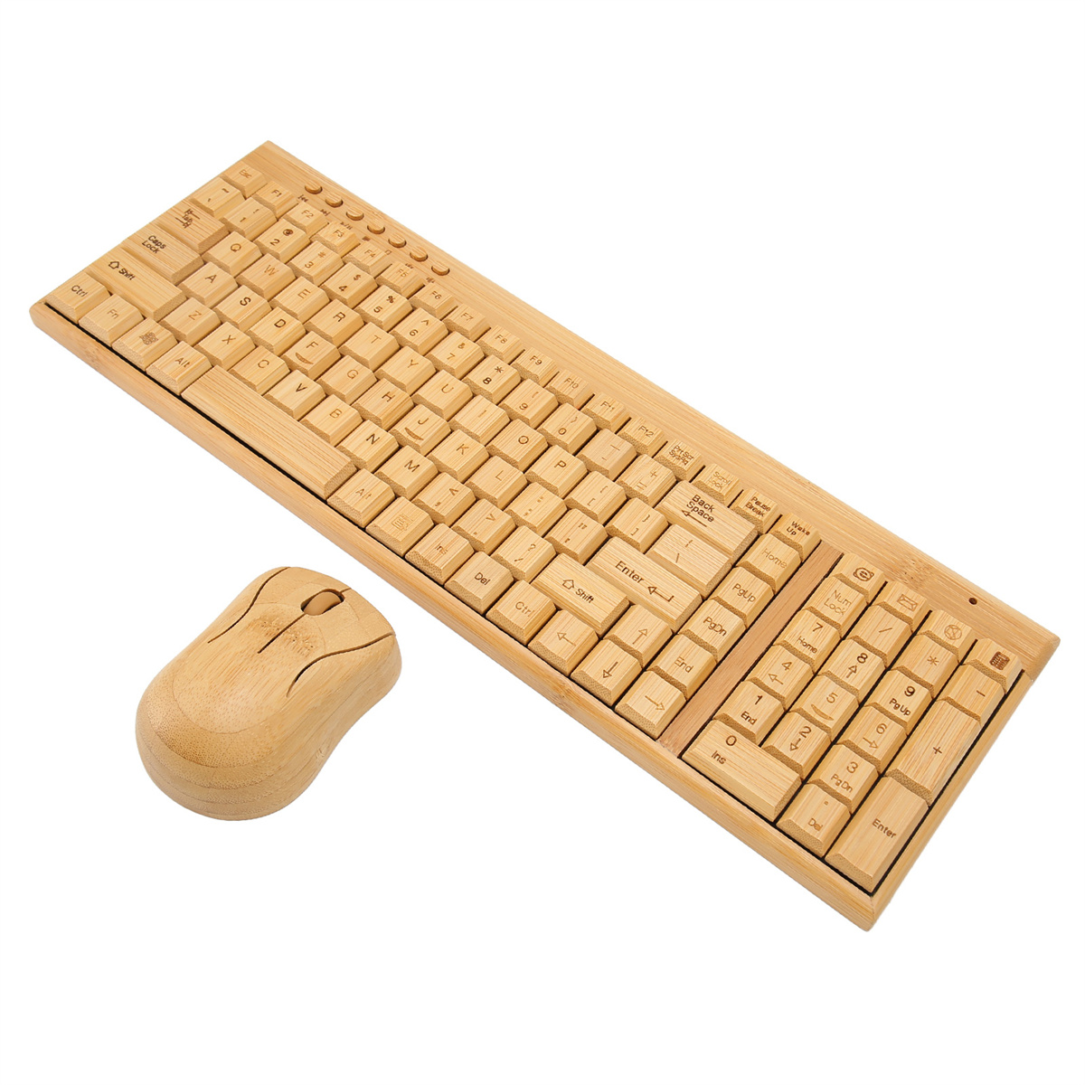 Ein Tastatur- und Maus-Set aus Holz. Die Tastatur ist lang und die Maus ist klein.