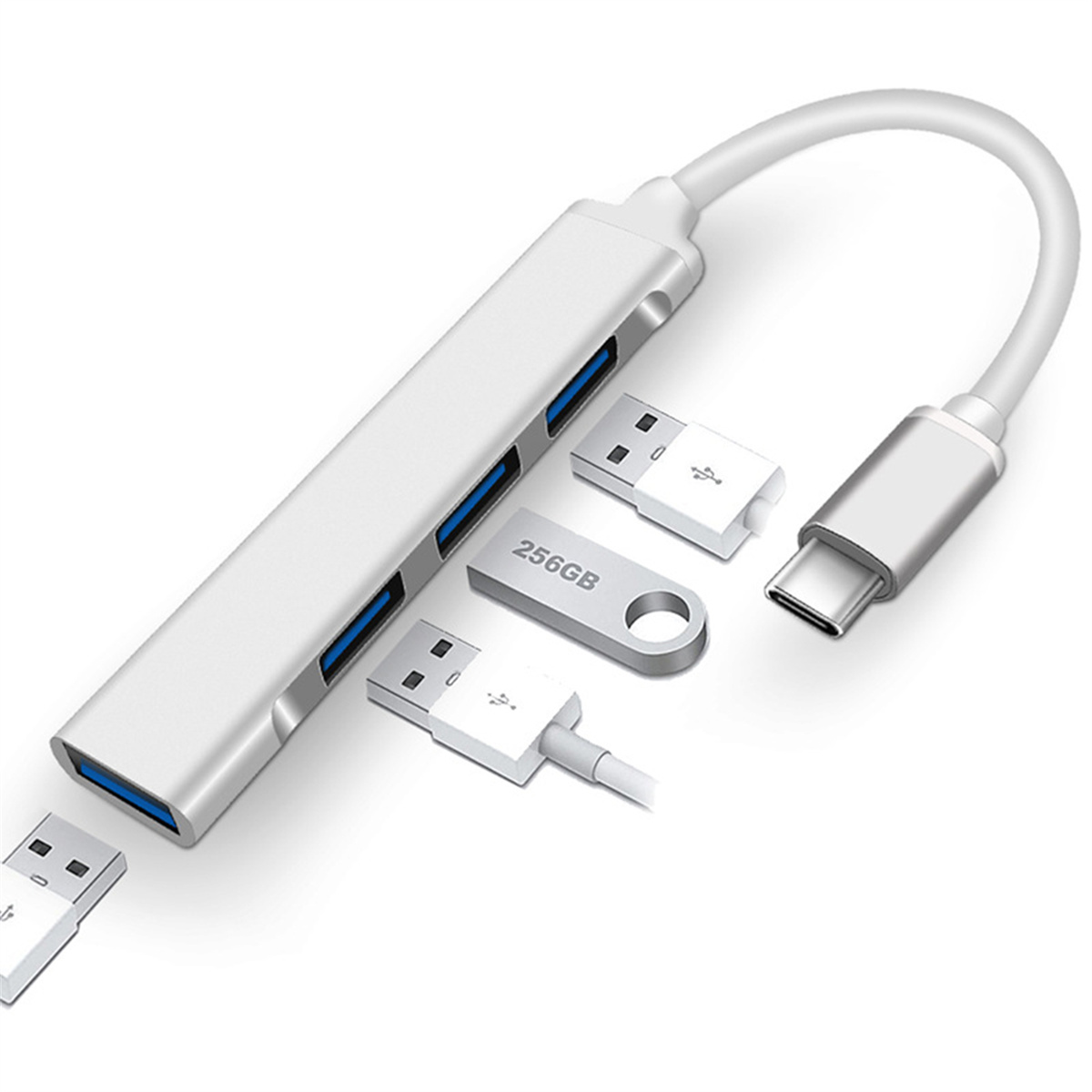 Weißer USB-Hub mit vier Anschlüssen, mehreren USB-Anschlüssen und einem USB-C-Anschluss.