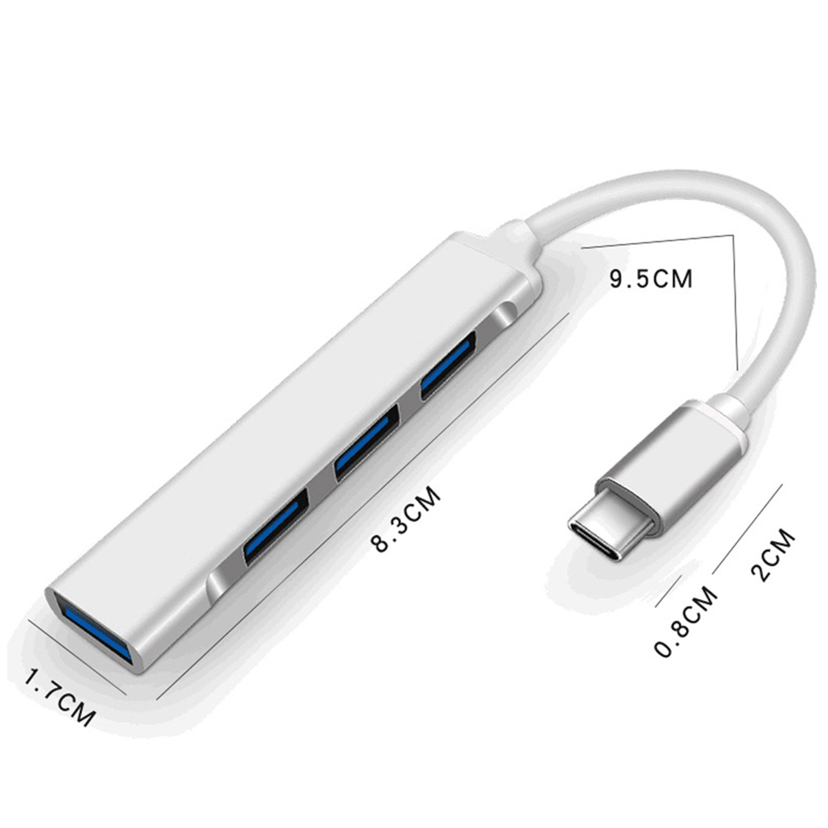 Ein silberner USB-Hub mit 4 Anschlüssen. Maße: 8,3 cm Länge, 1,7 cm Breite, 9,5 cm Kabel, und 0,8 cm Anschluss.
