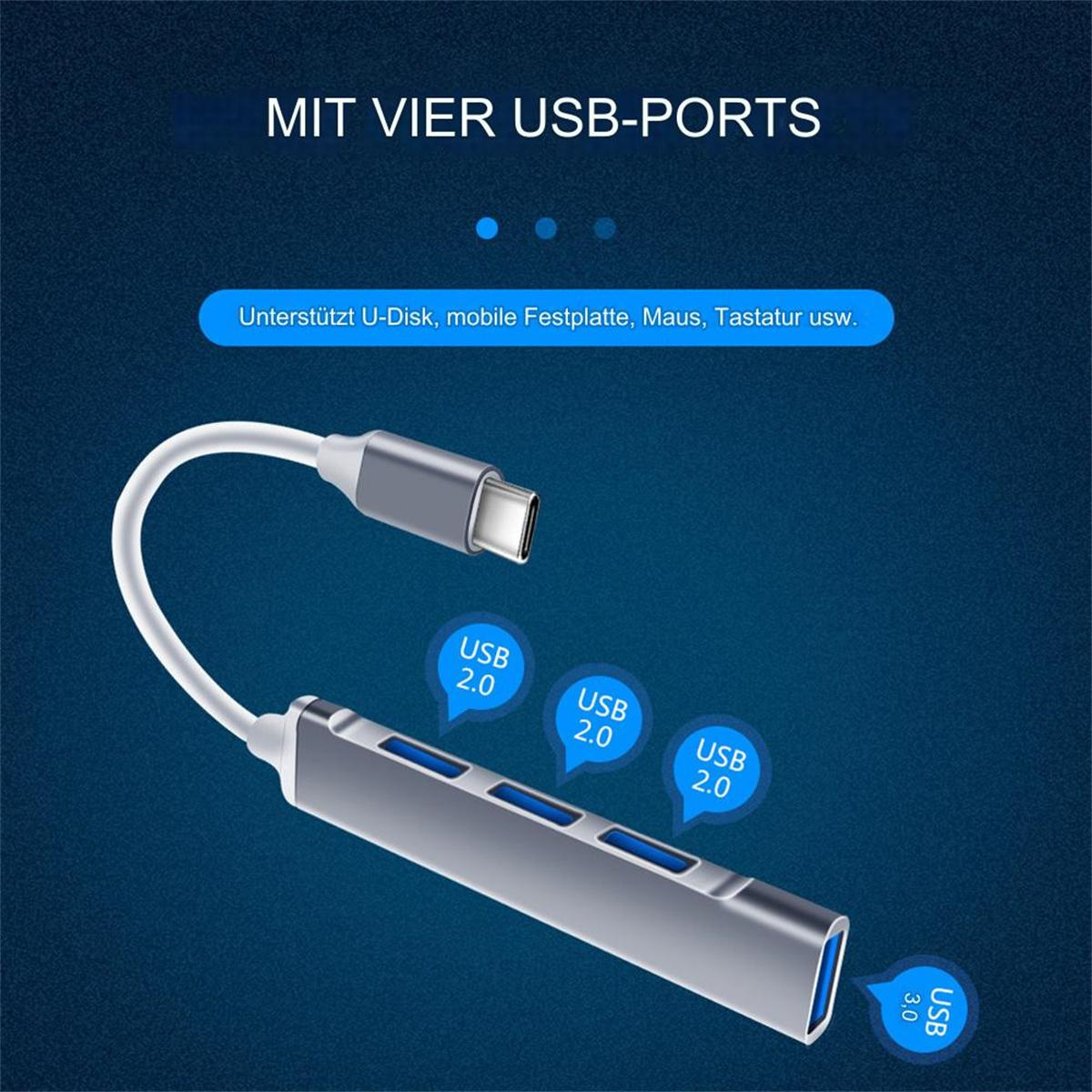 Ein silberner USB-Hub mit vier USB-2.0-Anschlüssen und einem USB-3.0-Anschluss, verbunden mit einem grauen Kabel.