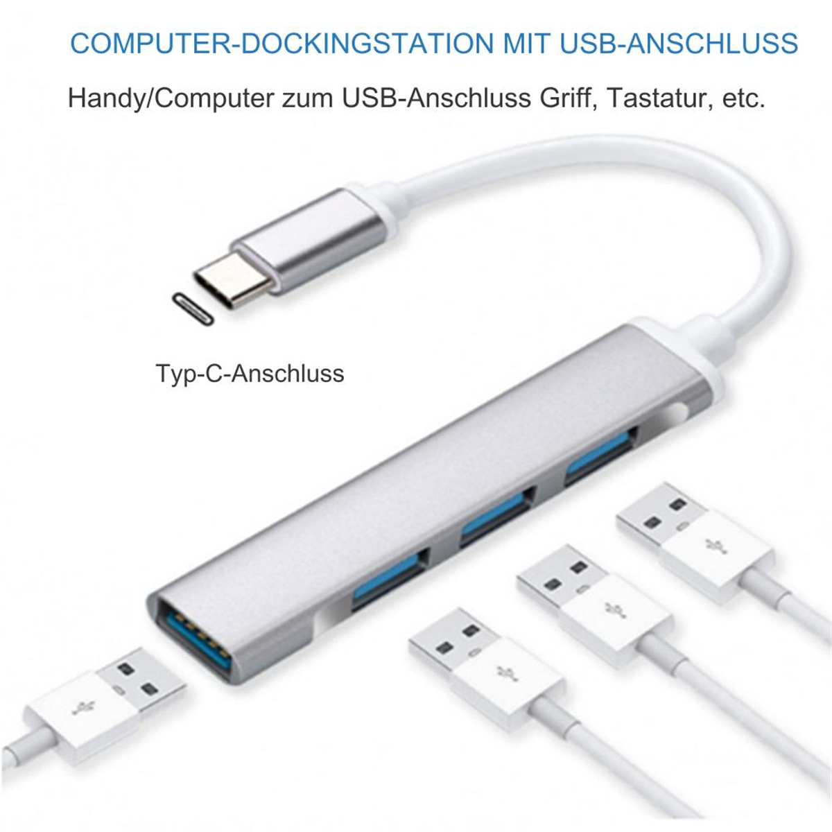 Eine USB-C-Dockingstation mit USB-Anschlüssen und Kabeln mit USB-Steckern.