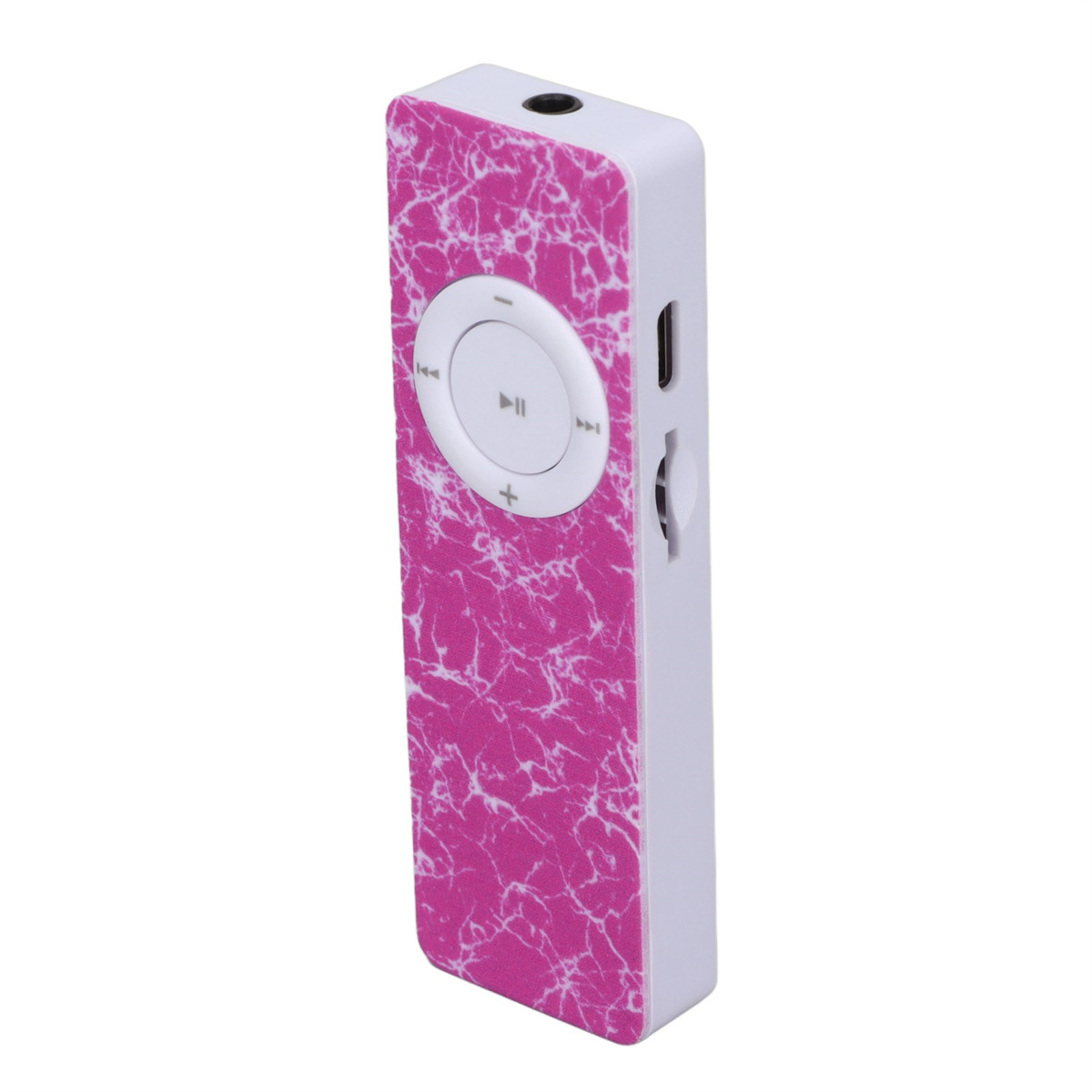 Weißer und pinkfarbener MP3-Player. Er hat eine runde Steuertaste und andere Tasten.