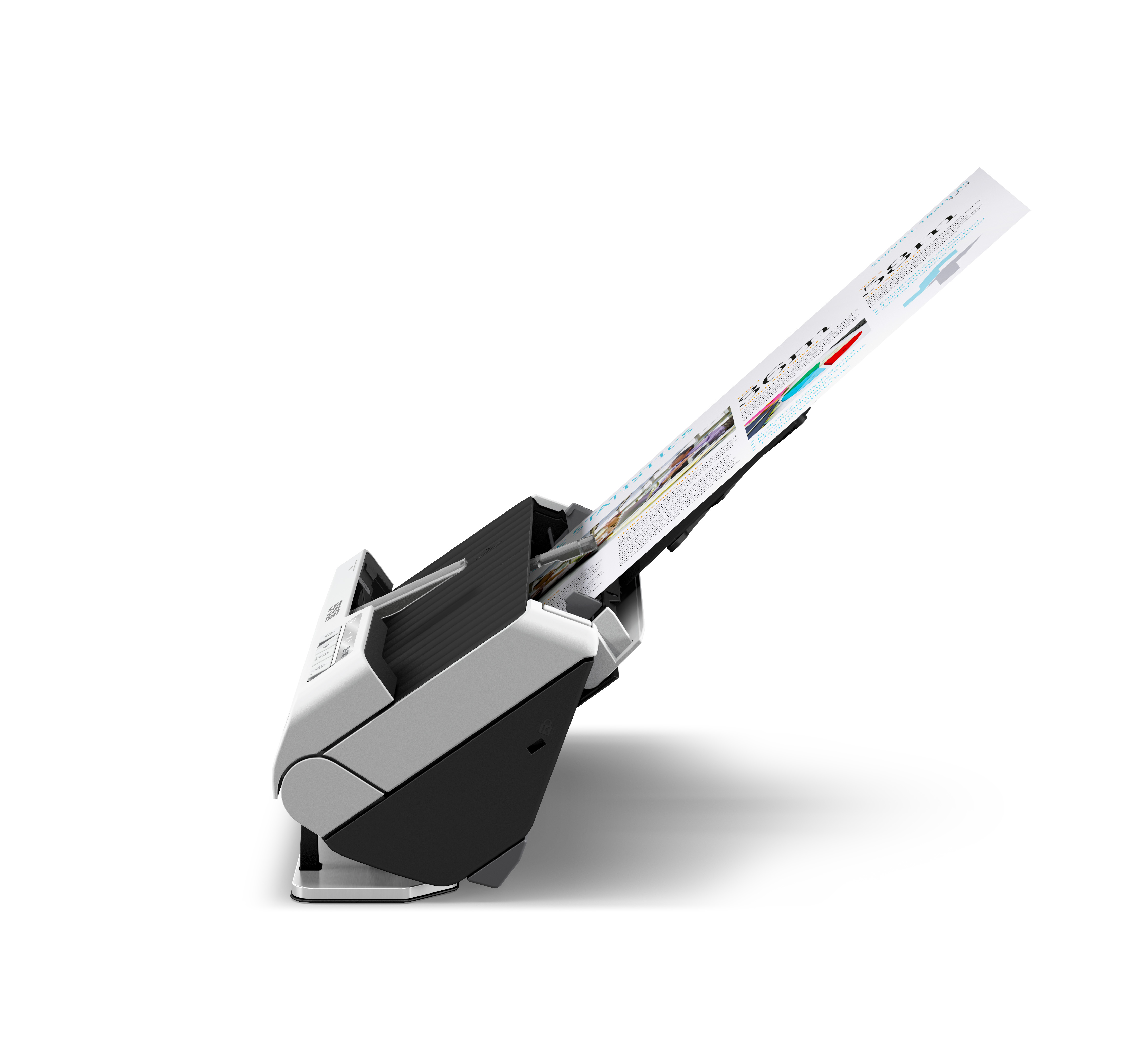 Skaner Epson DS-C490 z wysuwającym się dokumentem, pod kątem, na białym tle.