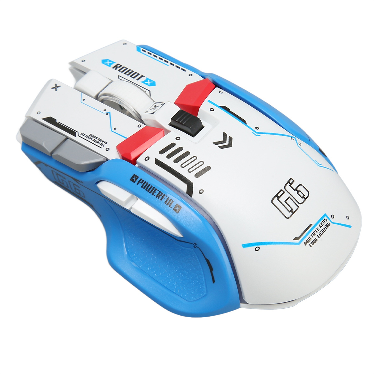 Weiße und blaue Gaming-Maus. Sie hat einen weißen Körper mit blauen Akzenten und roten Tasten.