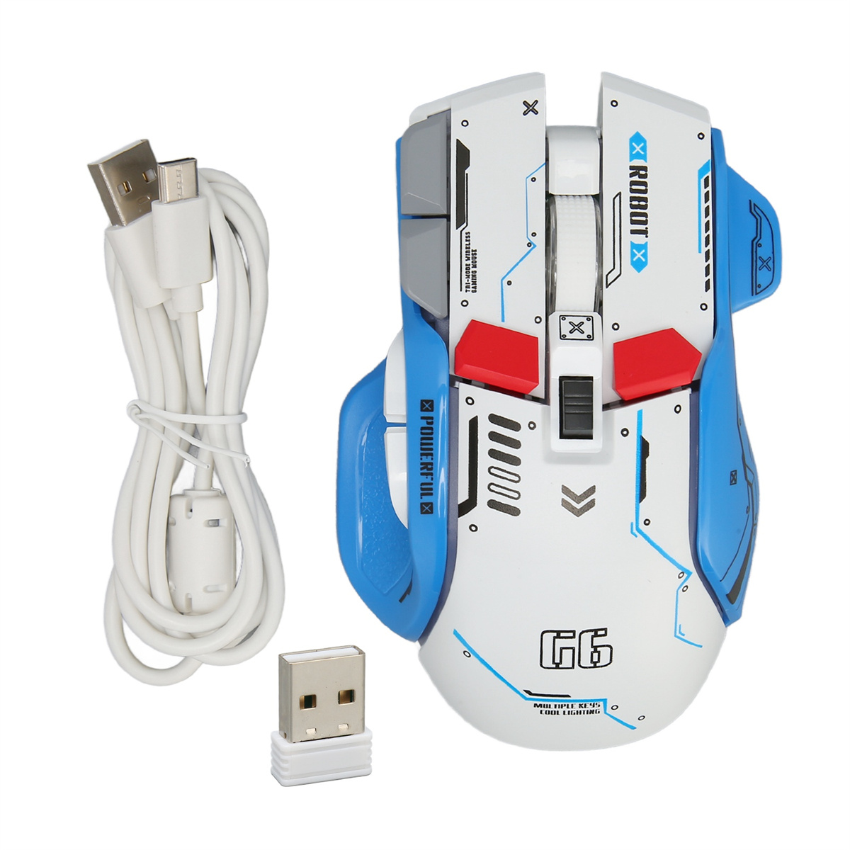 Eine weiße und blaue Gaming-Maus mit USB-Kabel und Empfänger auf weißem Hintergrund.
