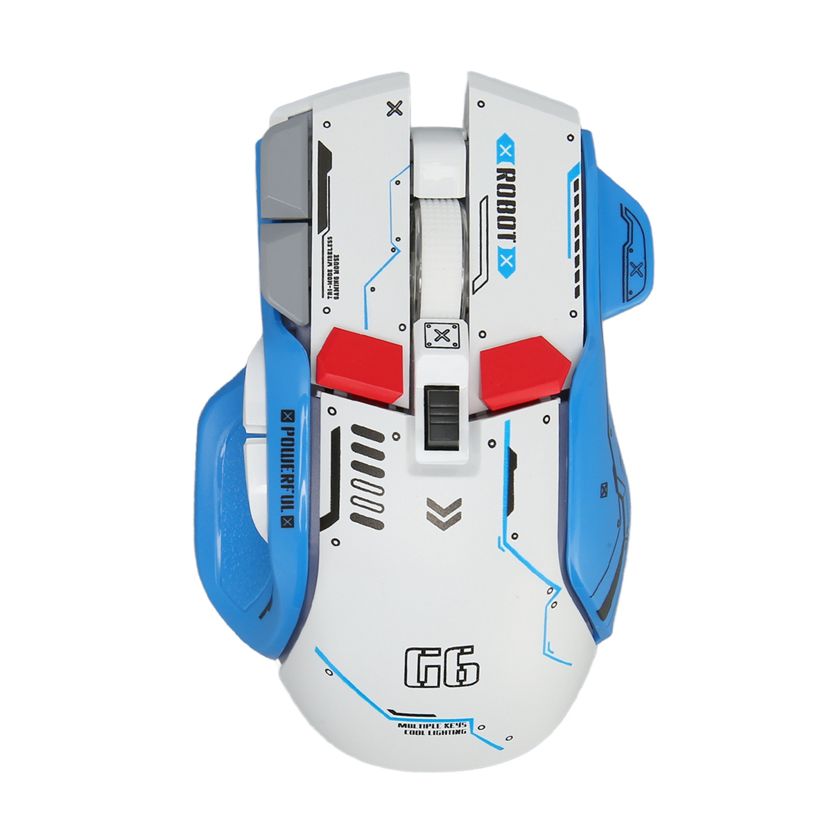 Eine weiße und blaue Gaming-Maus mit futuristischem Design. Sie hat mehrere Tasten und RGB-Beleuchtung.