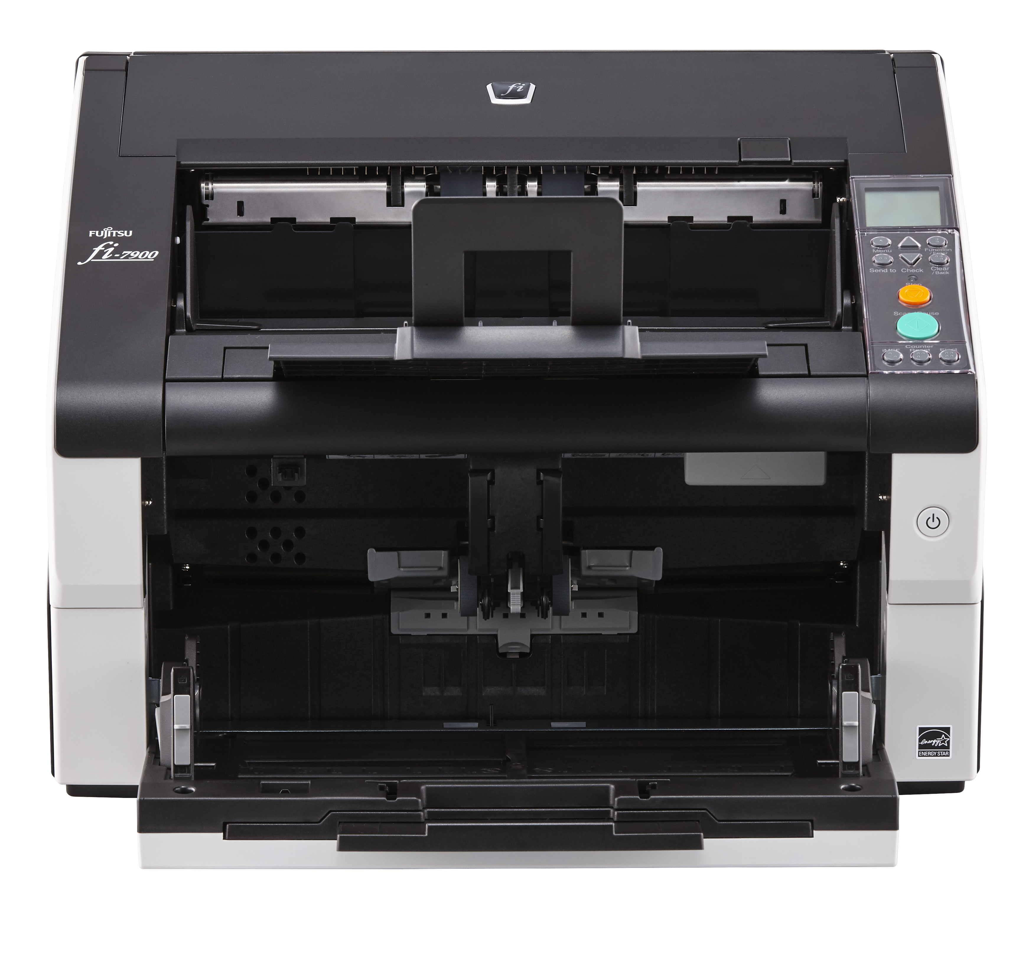Ein Fujitsu fi-7900 Scanner mit geöffneten Fächern, schwarz und weiß, auf weißem Hintergrund.