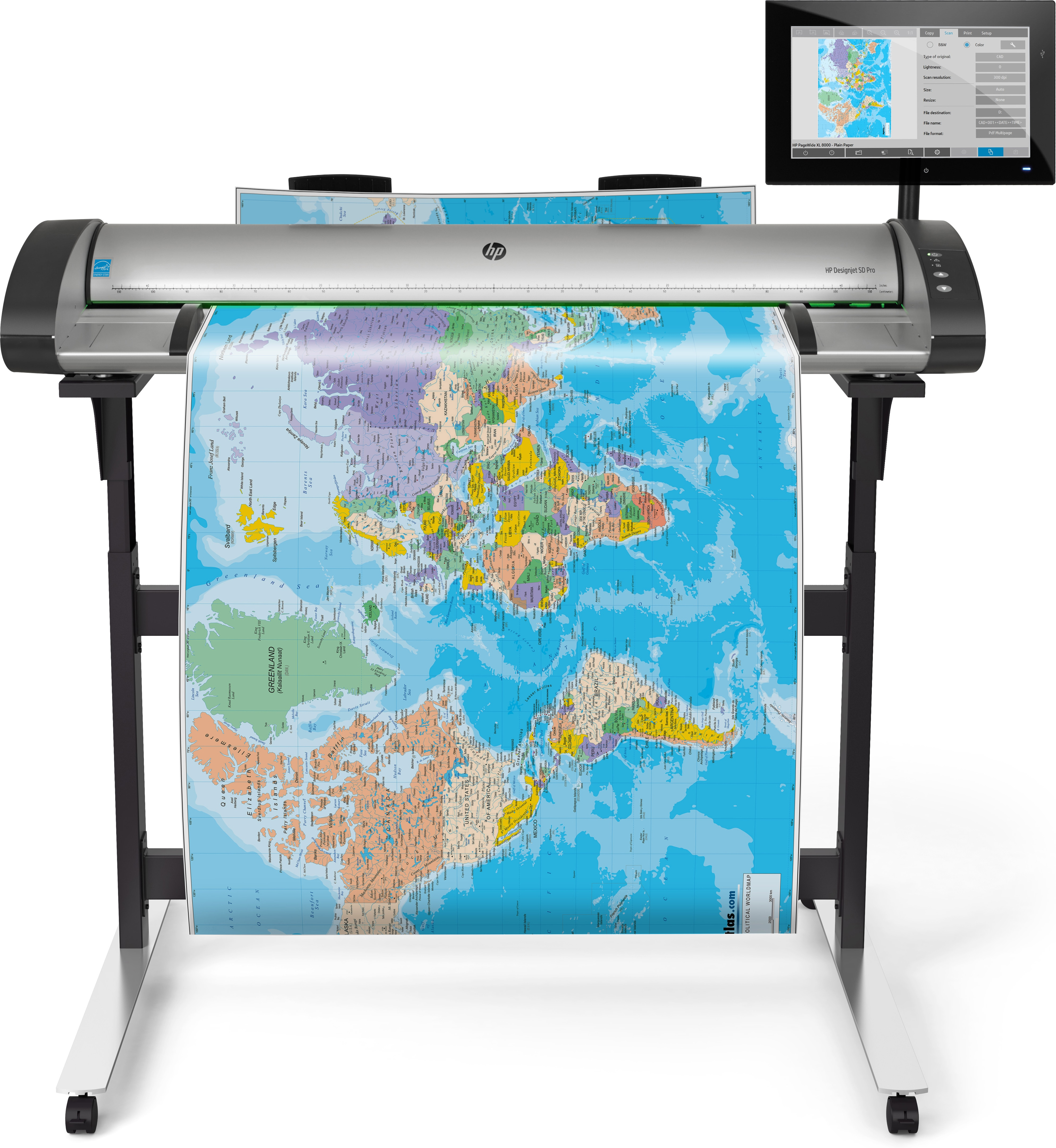 Stampante di grande formato con stampa di mappa e schermo di controllo. Bianco e nero.