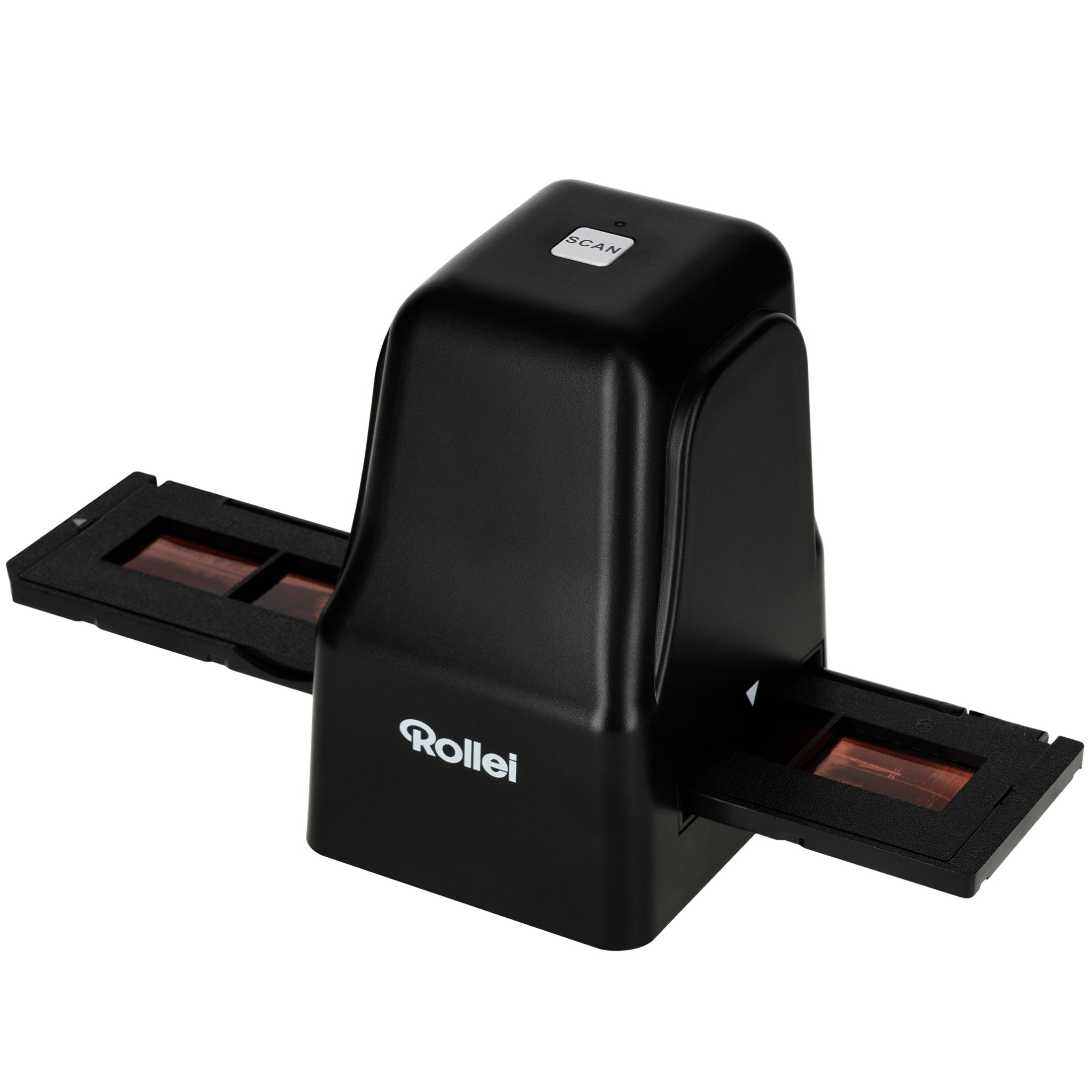 Ein schwarzer Filmscanner mit eingelegten Filmstreifen. Auf dem Scanner steht das Wort 'Rollei'.