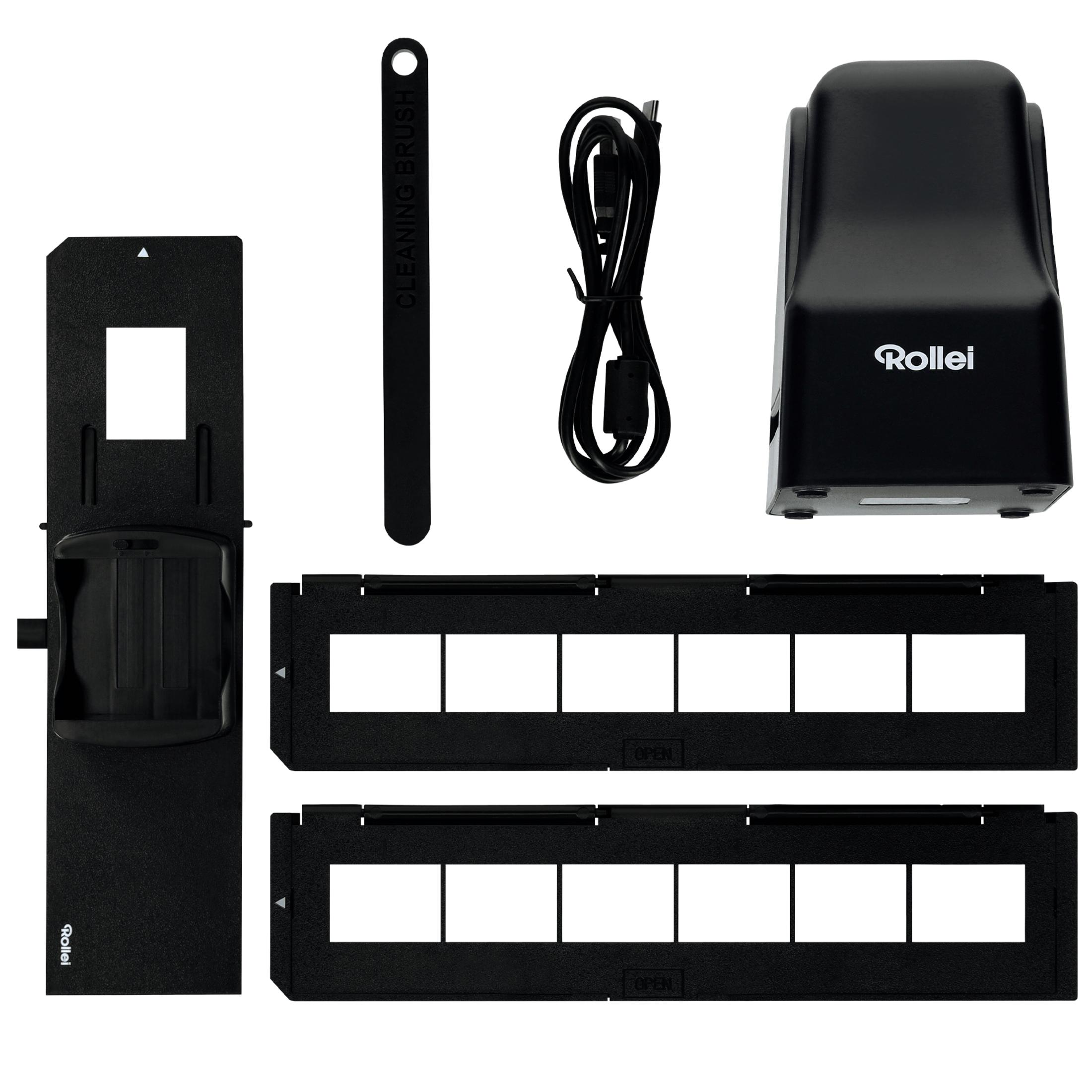 Schwarze Filmscanner-Komponenten: Scanner, Filmhalter, Reinigungsbürste und USB-Kabel.