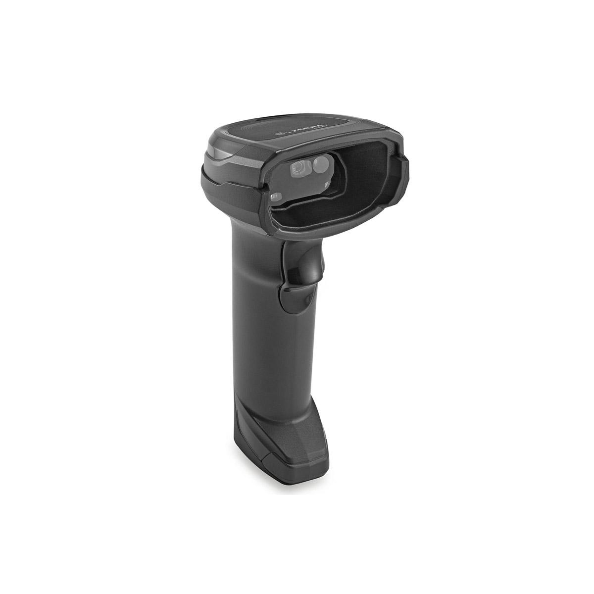 Uno scanner di codici a barre Zebra nero. Ha un'impugnatura e una finestra di scansione.