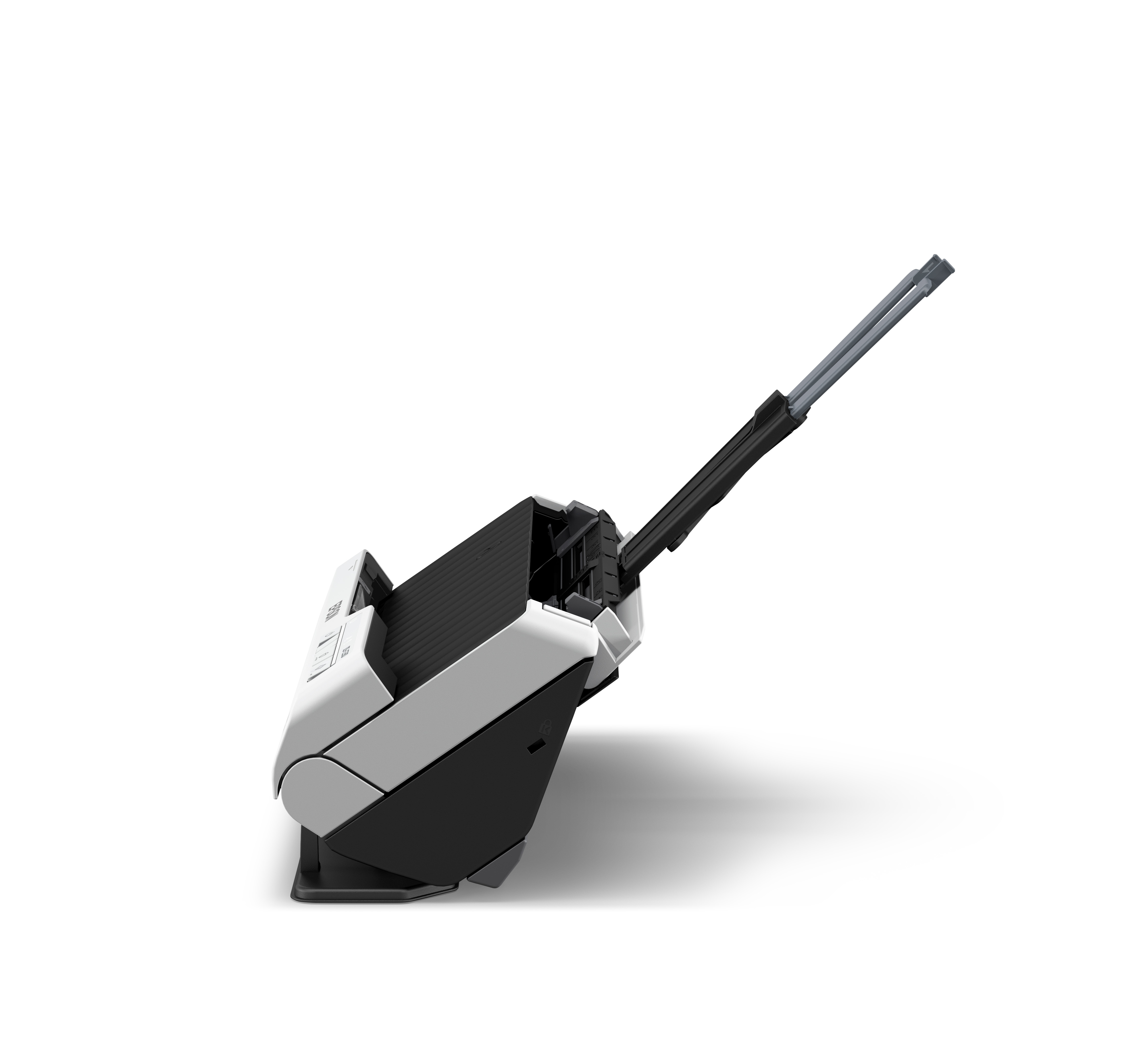 Biało-czarny skaner z wysuniętym ramieniem skanującym na białym tle.