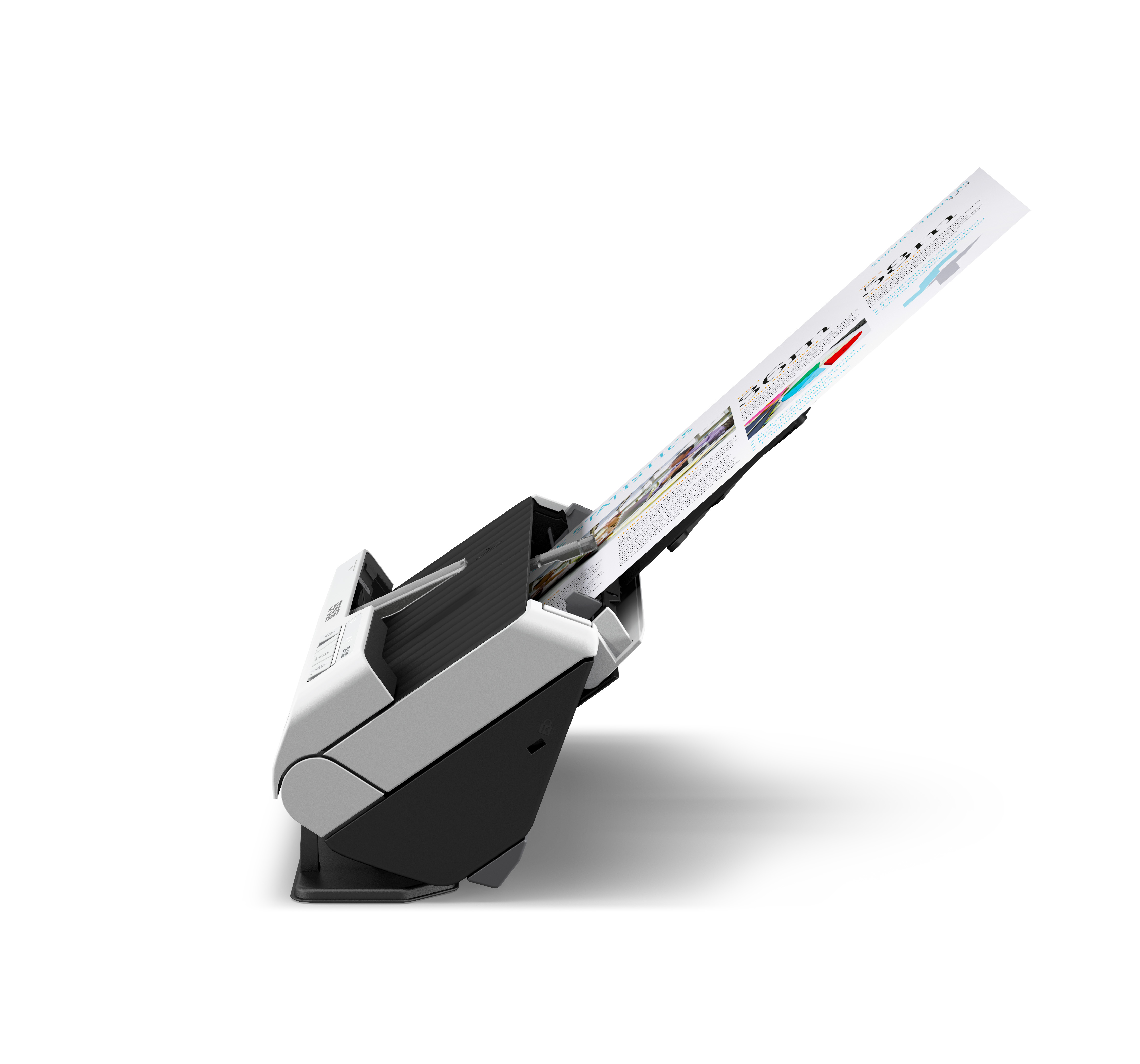 Skaner dokumentów z dokumentem w środku, skierowany w górę.