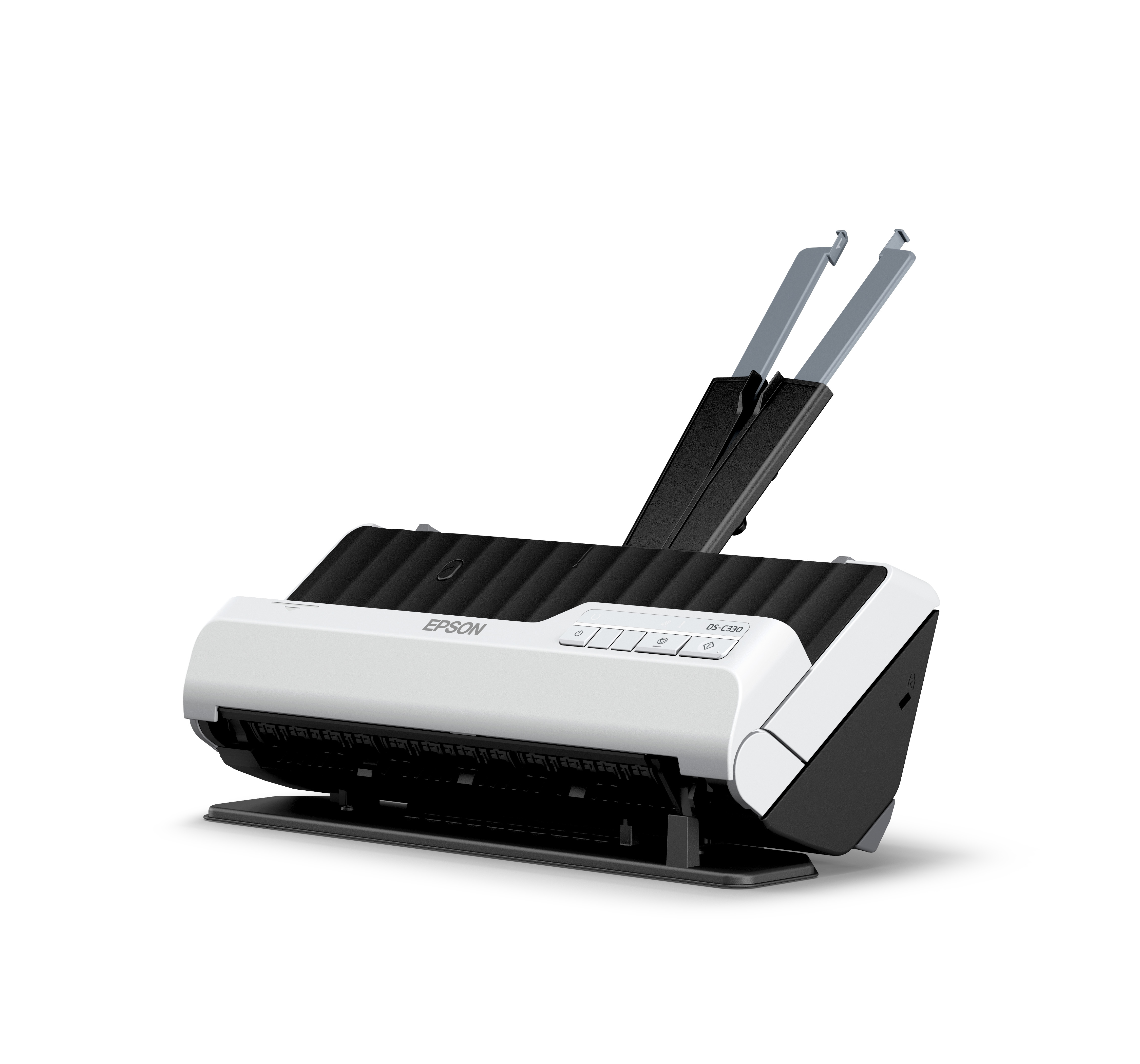 Pokazano skaner Epson. Jest biało-czarny z dwoma ramionami.