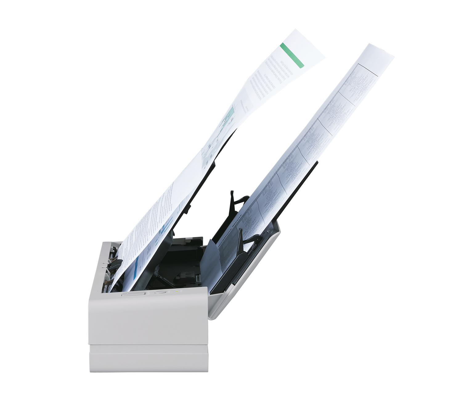 Scanner con documenti in uscita, che mostra l'interno, su sfondo bianco.
