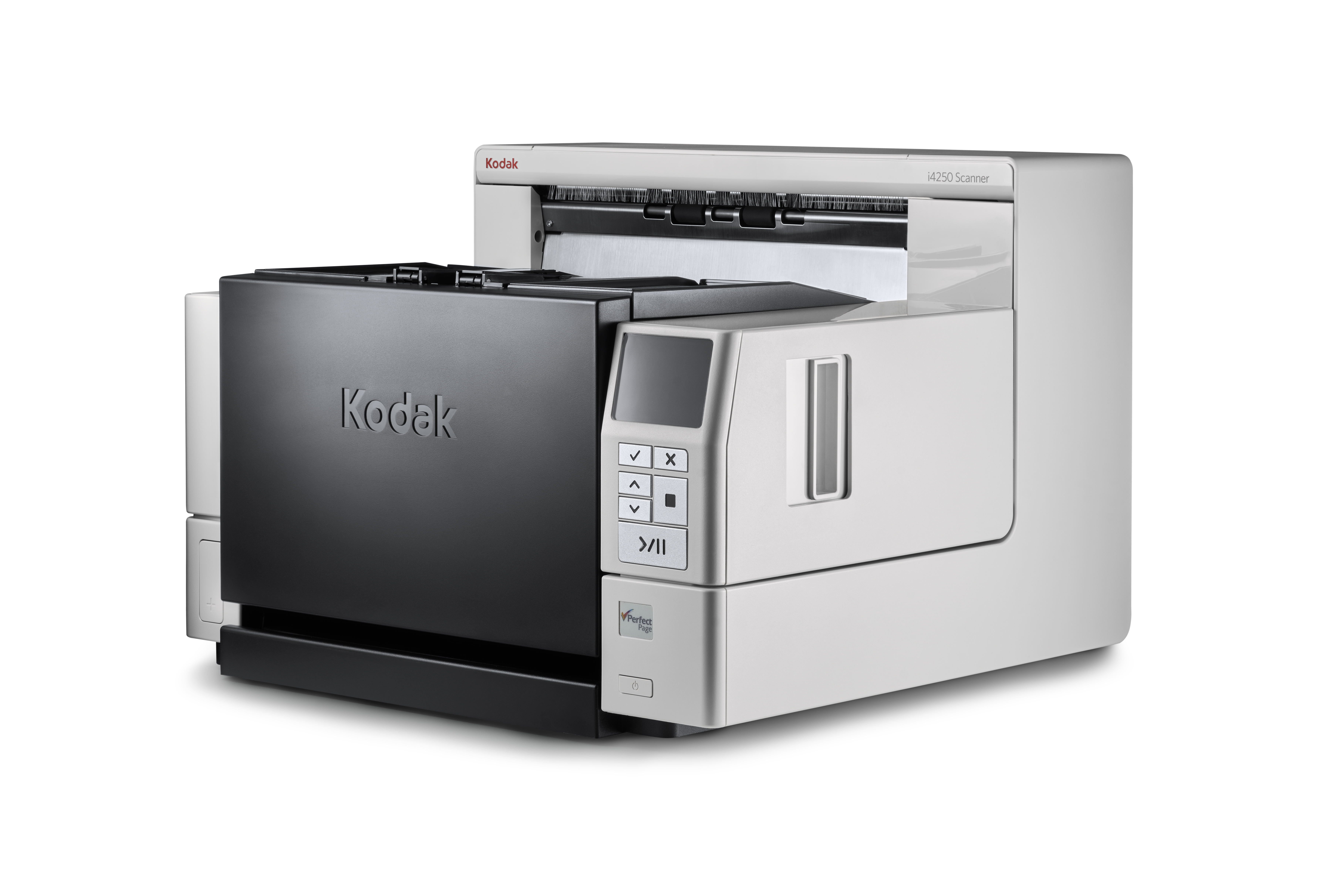 Scanner Kodak, vista angolata, con vassoio aperto e pulsanti di controllo.