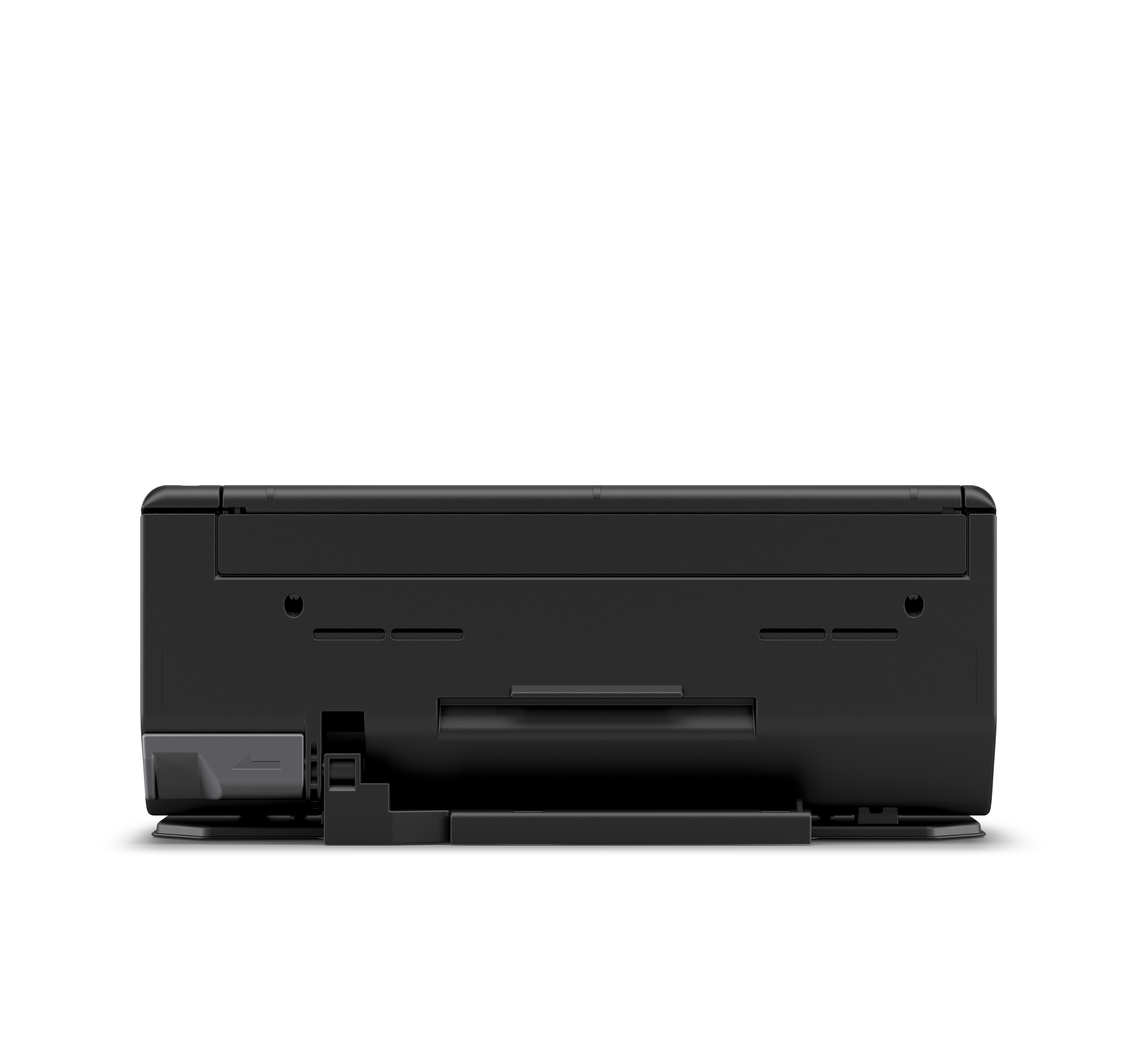 Un primo piano del retro di uno scanner Epson nero, che mostra porte e dettagli, su bianco.