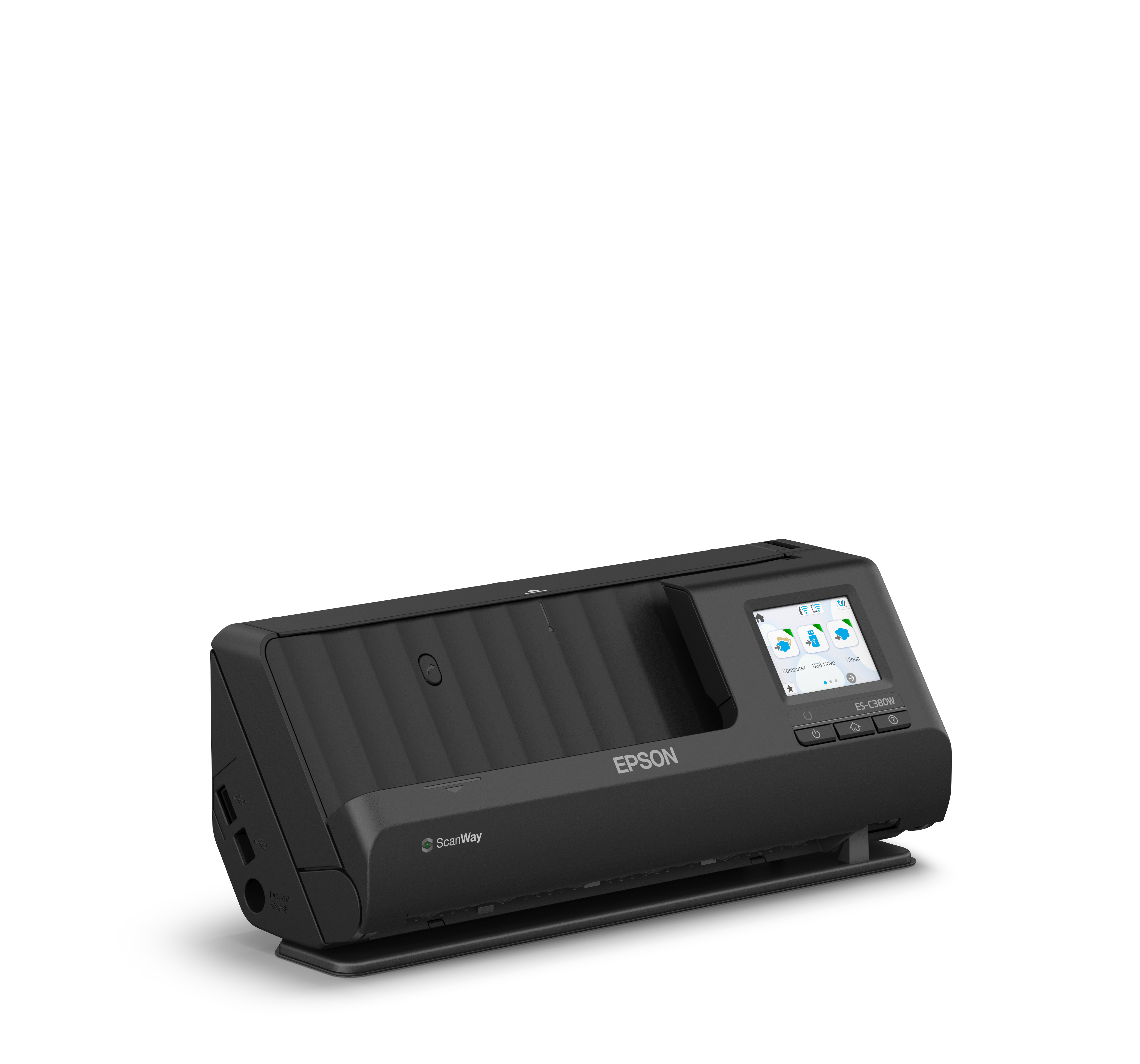 Uno scanner Epson ScanWay, nero, su sfondo bianco, con schermo e pulsanti visibili.