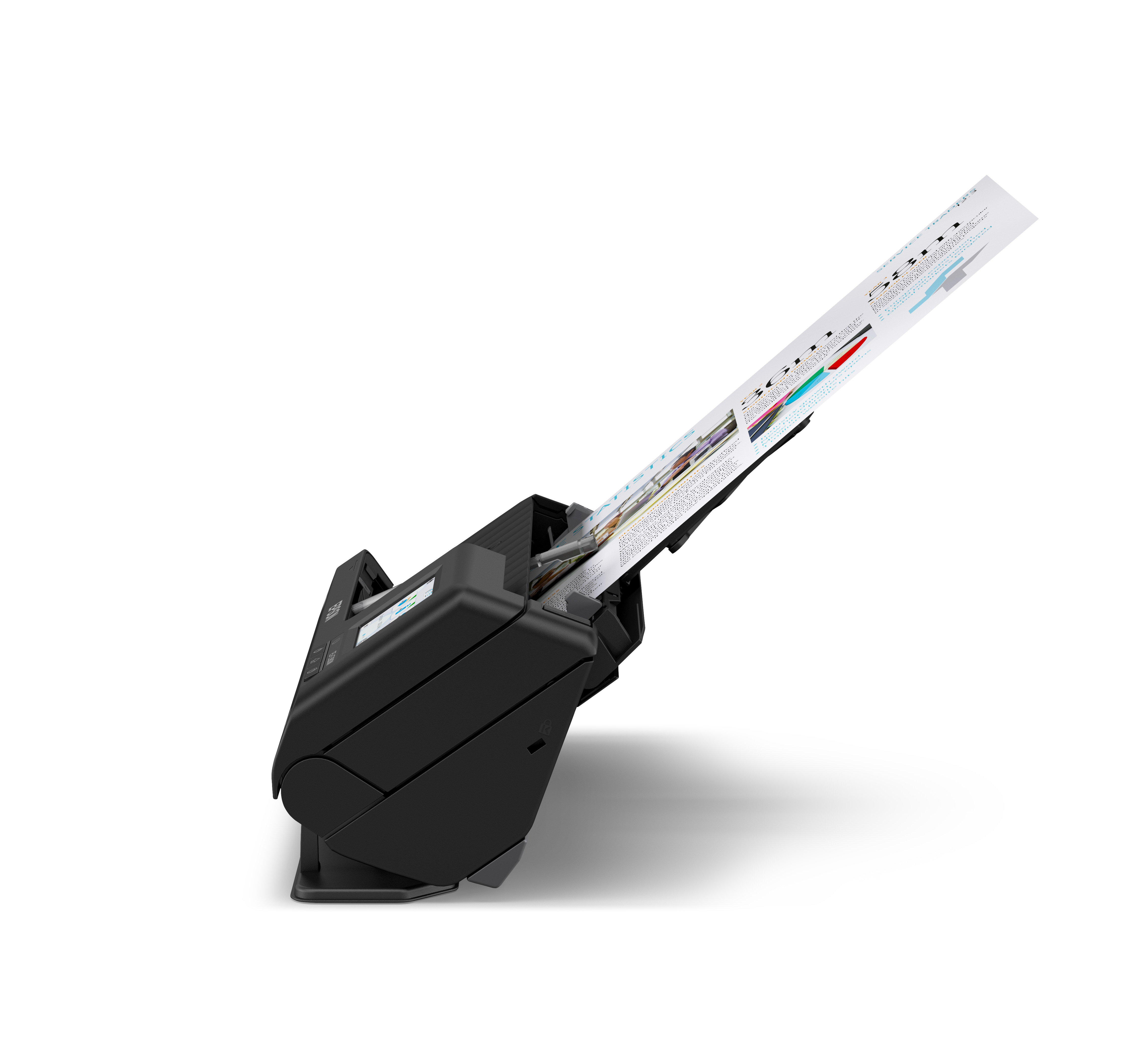 Czarny skaner z dokumentem, który jest do niego wkładany. Dokument jest skierowany w górę.