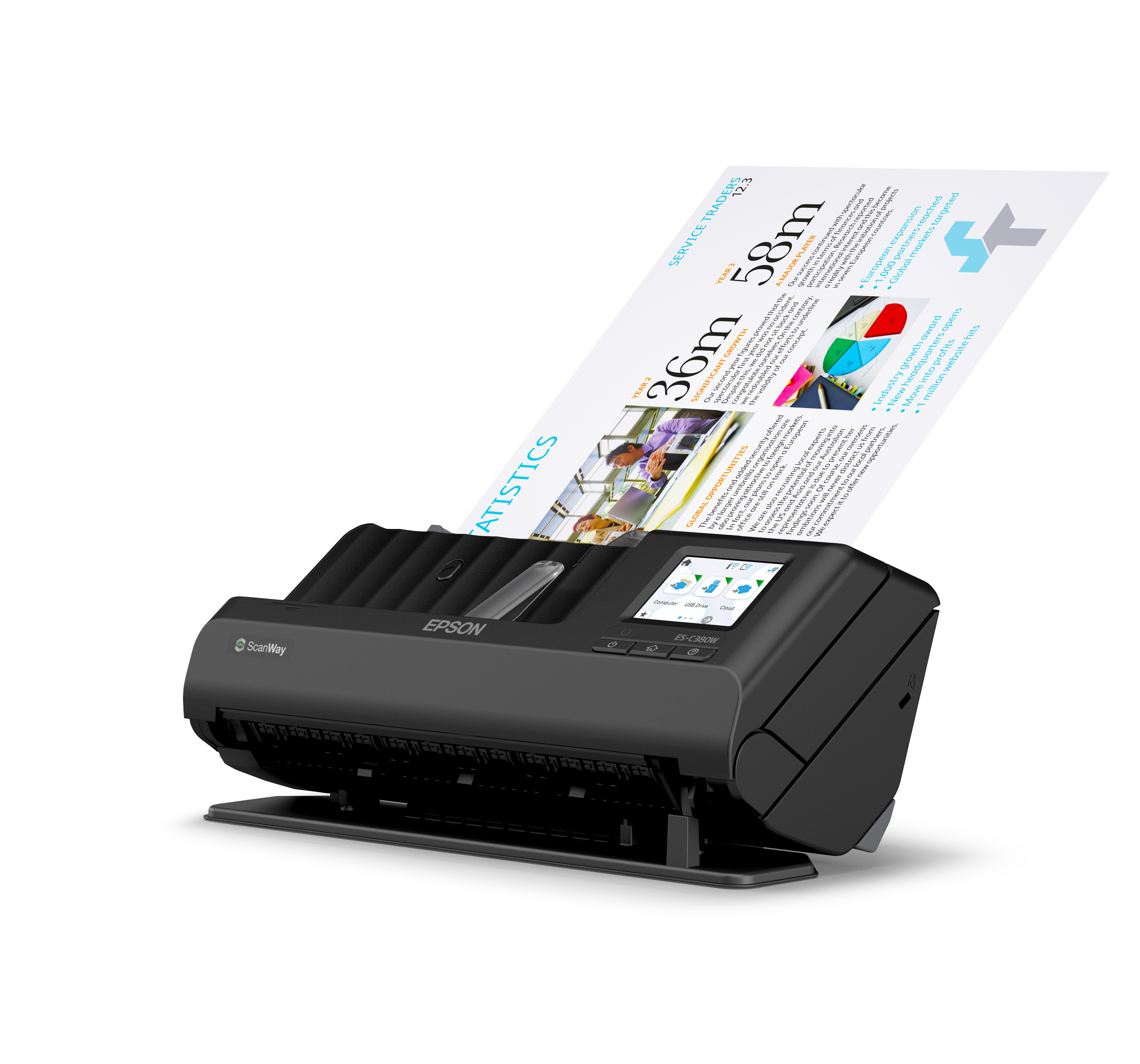 Scanner Epson con documento nel vassoio, statistiche sulla carta, sfondo bianco.