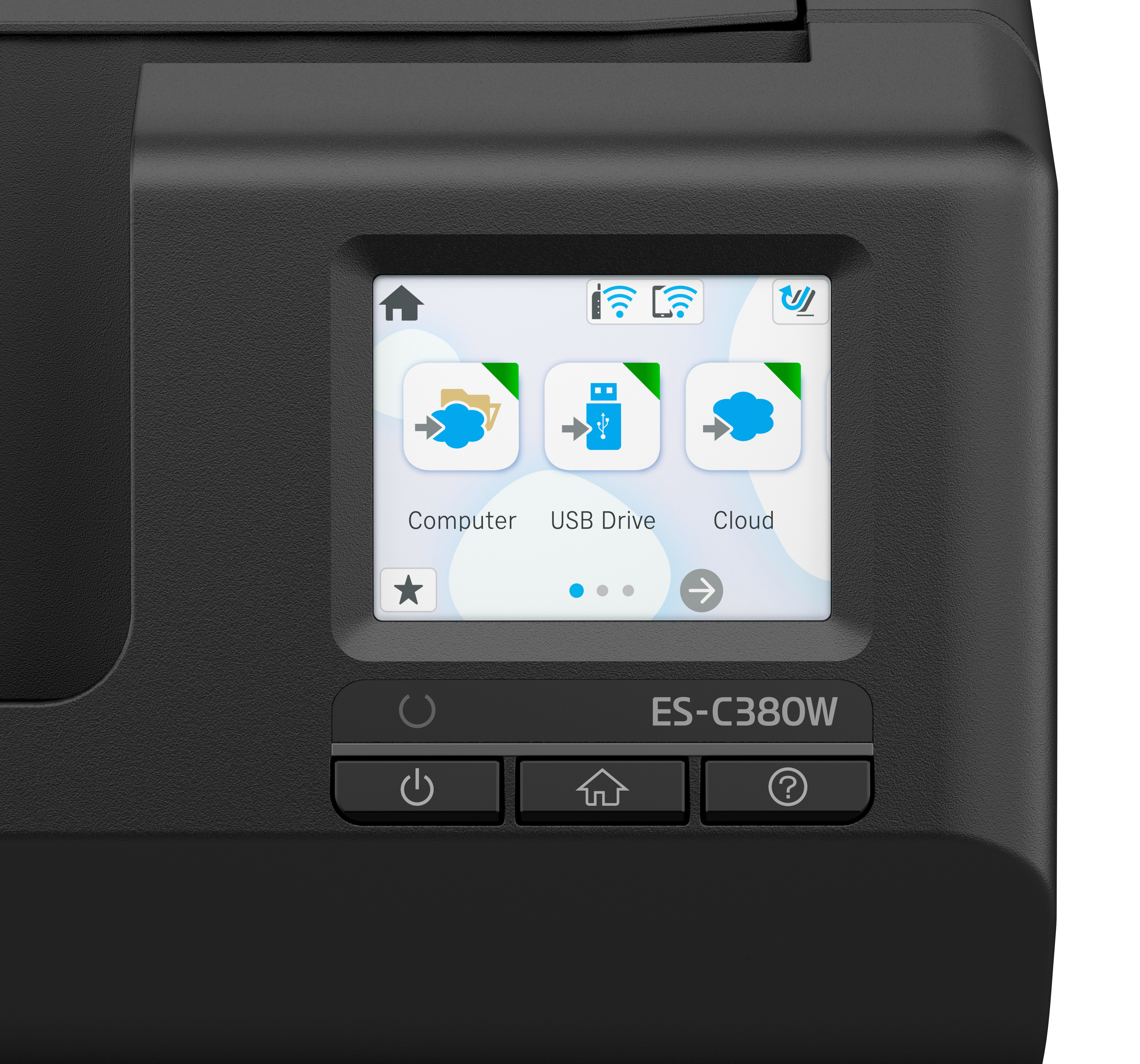 Primo piano del pannello di controllo della stampante. Il display mostra icone computer, USB e cloud.