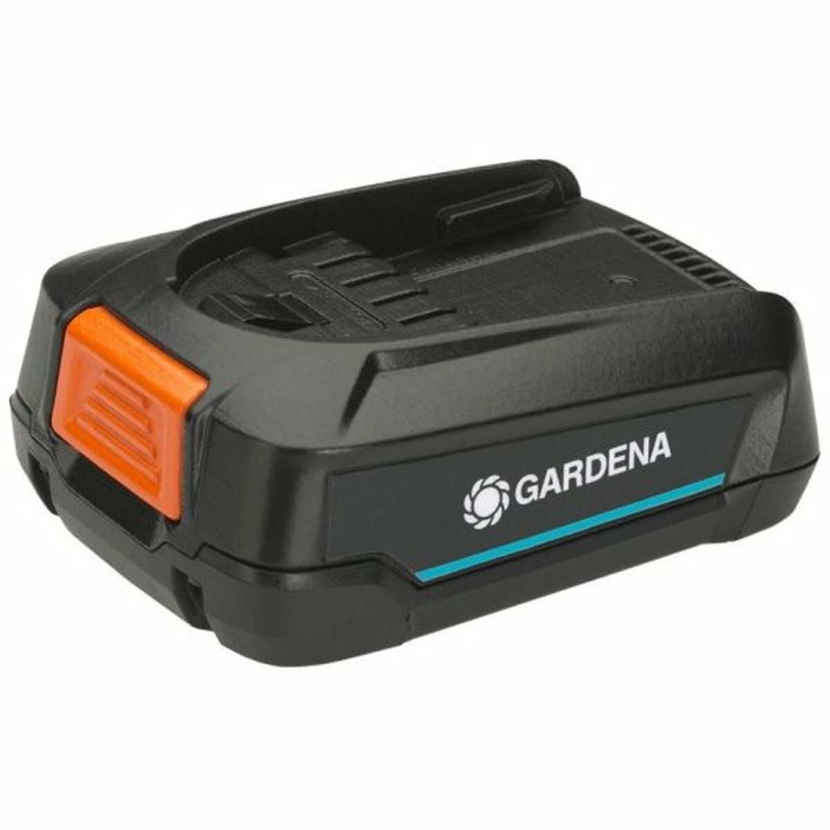 Schwarzer und oranger Gardena-Akku. Er hat das Gardena-Logo und einen Knopf.