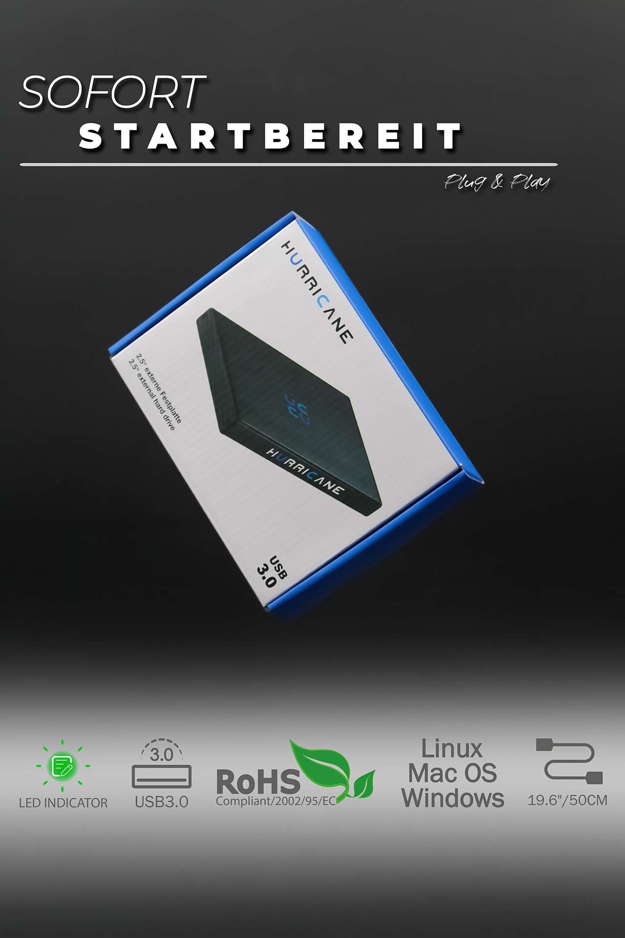 Box mit 'HURRICANE', USB 3.0 Logo und anderen Etiketten. Schwarzer Hintergrund.