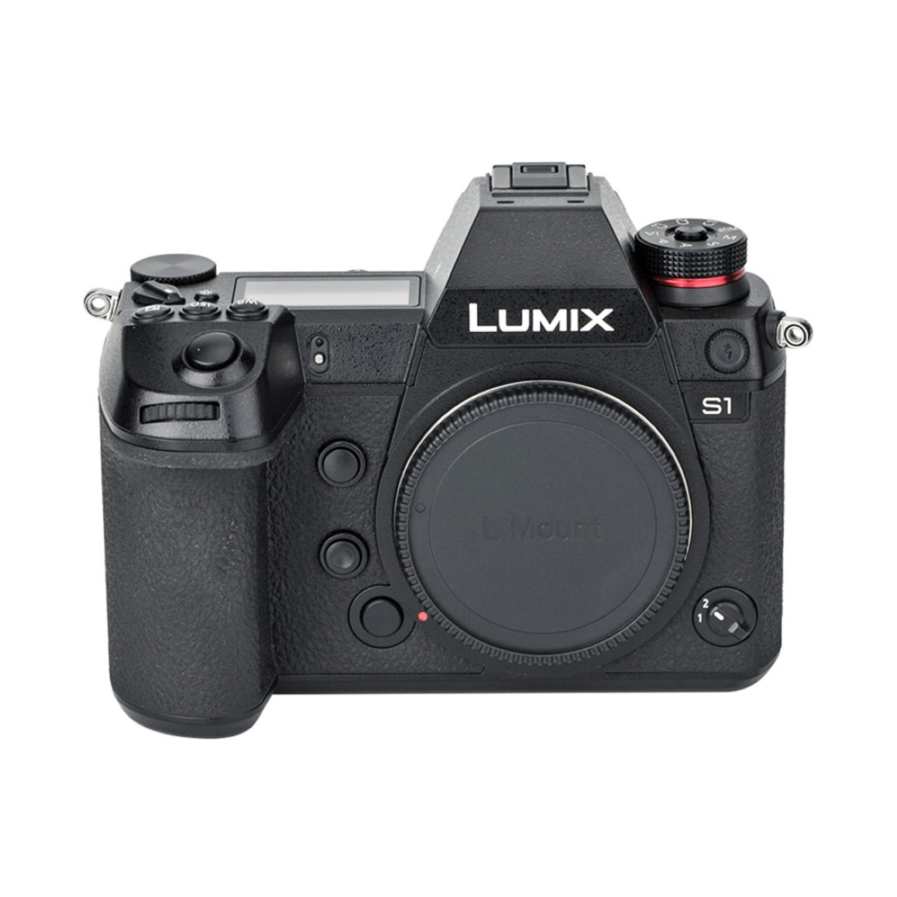 Schwarze Lumix S1 Kamera mit Objektiv, auf weißem Hintergrund.