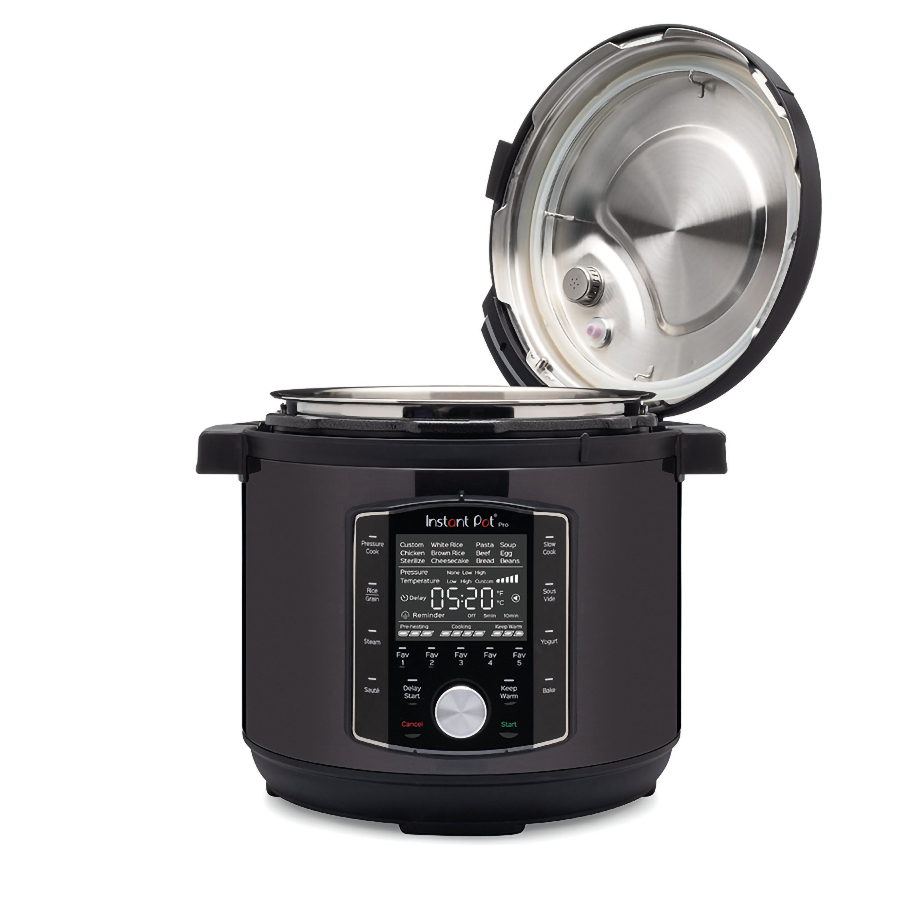 Zwarte Instant Pot, open, met roestvrijstalen binnenkant. Met digitaal display en knoppen.