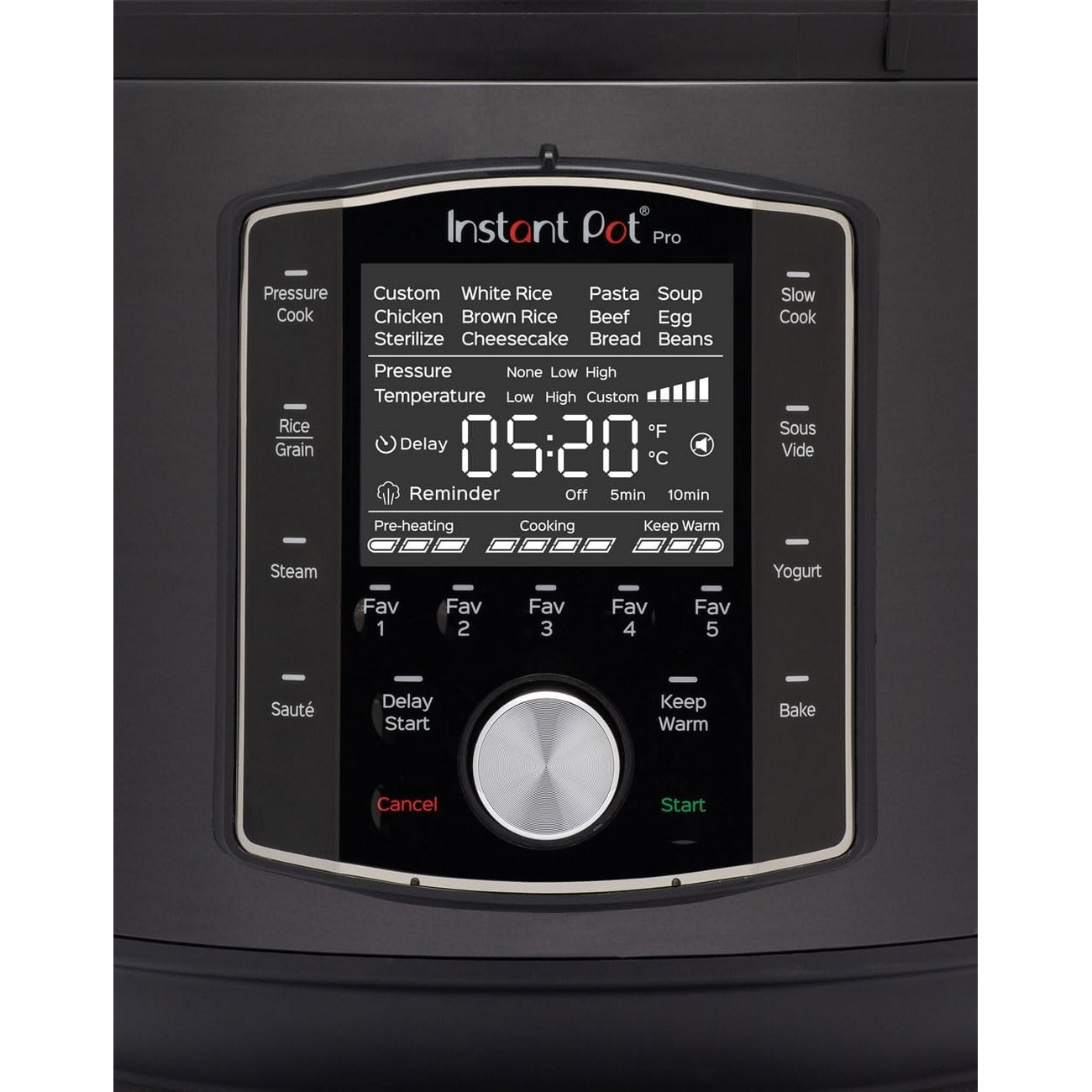 Close-up van een bedieningspaneel van een Instant Pot, met tijd, temperatuur en kookopties.