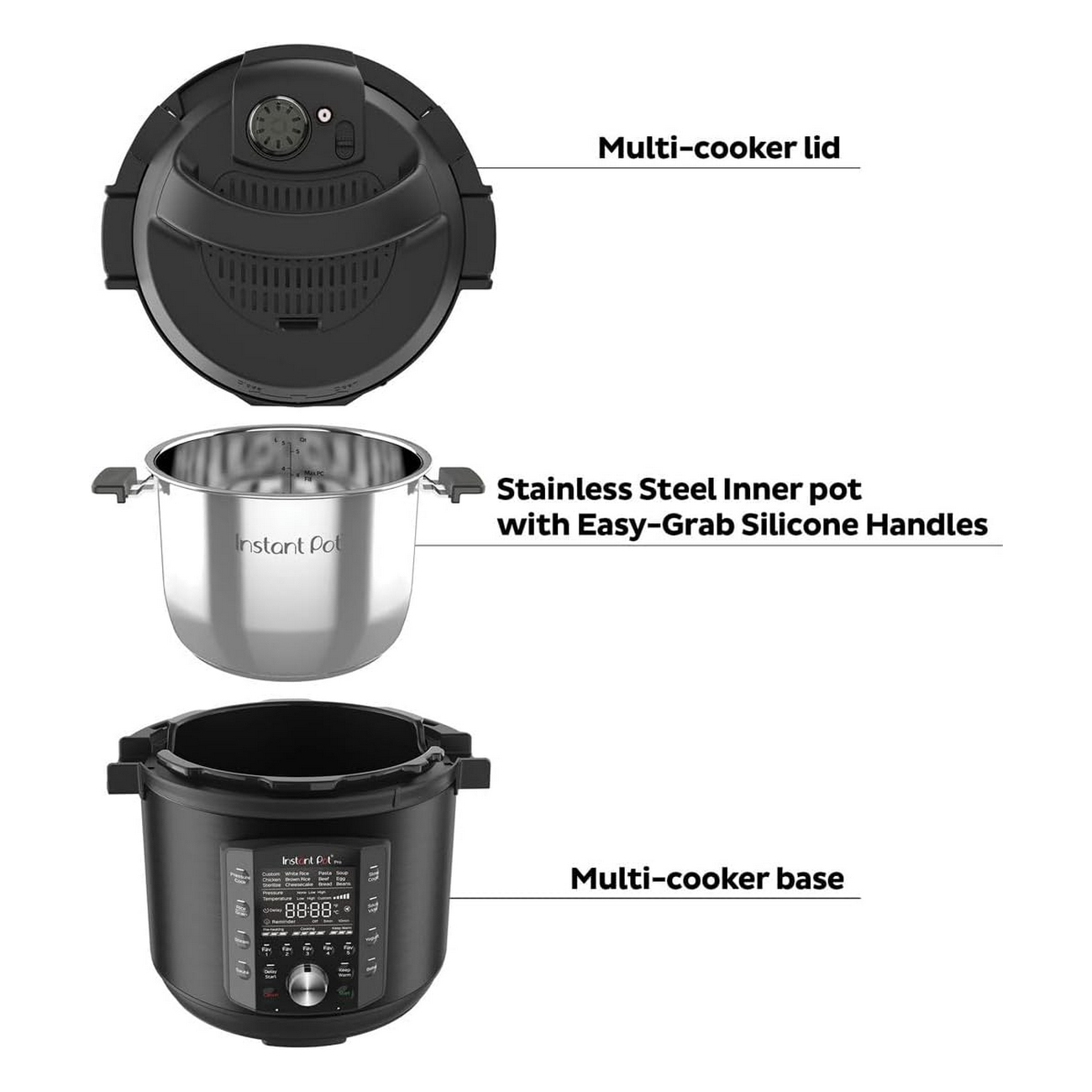Instant Pot componenten: deksel, roestvrijstalen binnenpan met handvatten en basis.