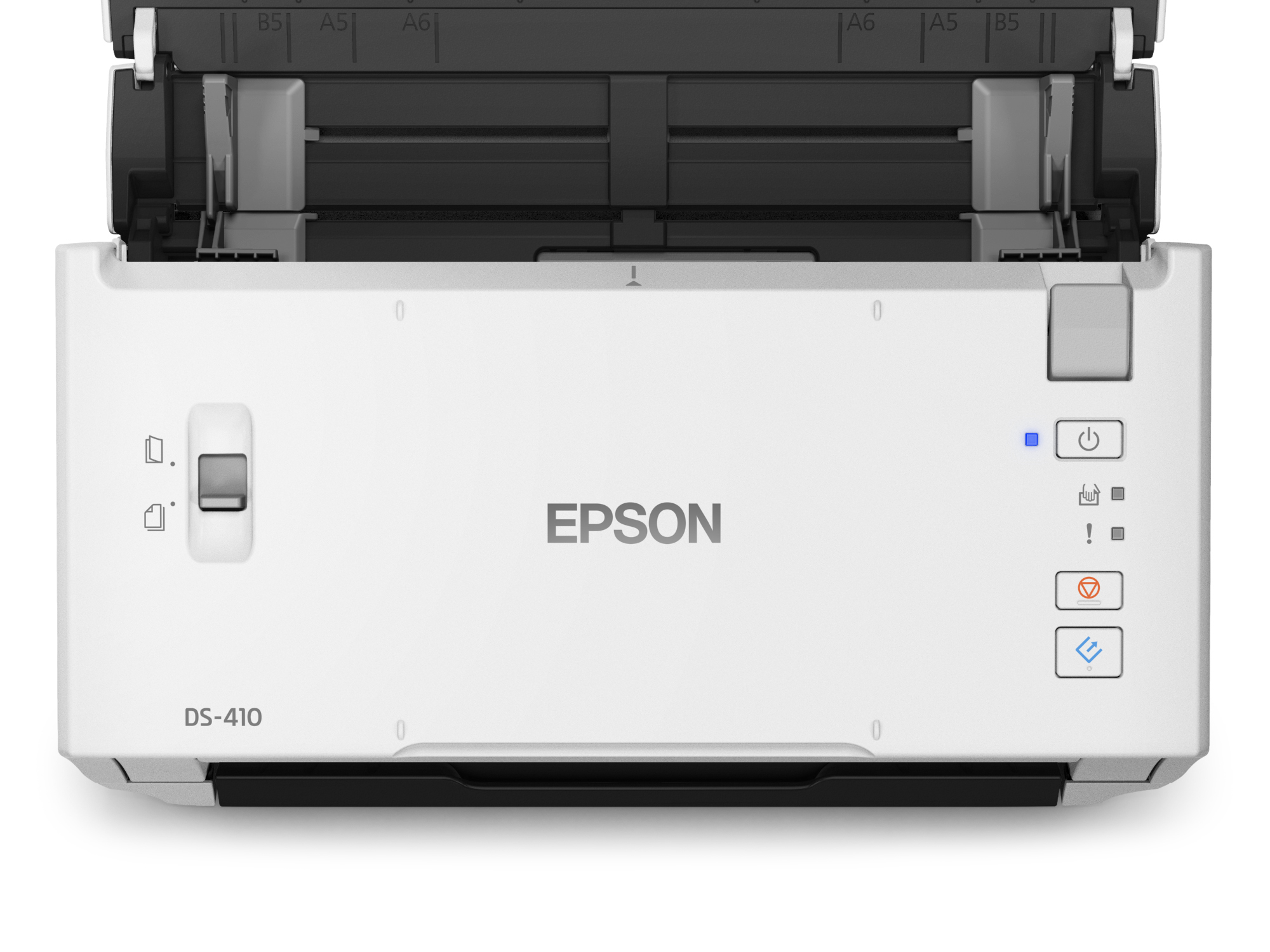 Biały skaner Epson DS-410 z otwartą pokrywą, widoczne przyciski zasilania i funkcji.