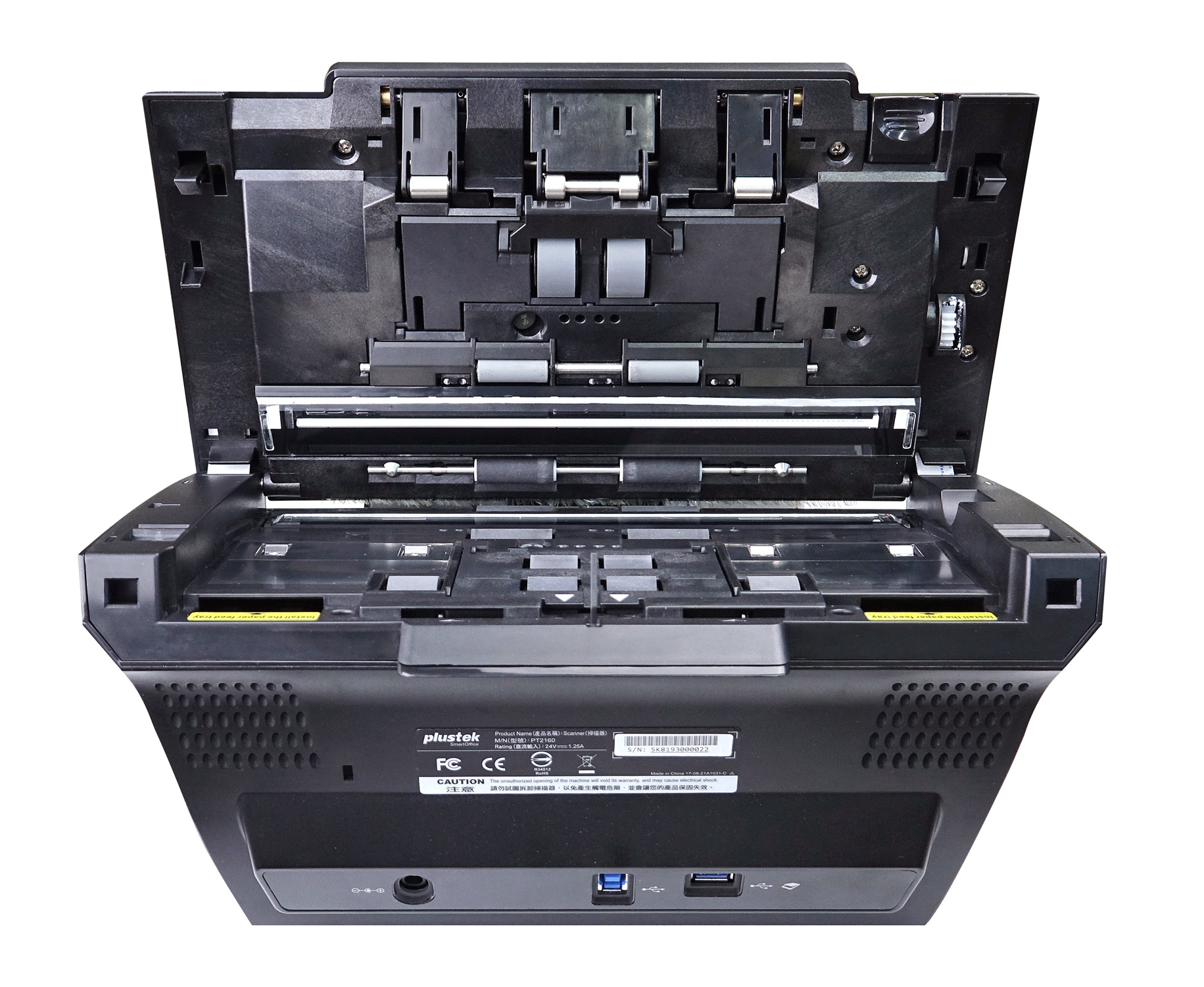 Schwarzer Dokumentenscanner, Draufsicht. Zeigt den inneren Mechanismus und den USB-Anschluss.