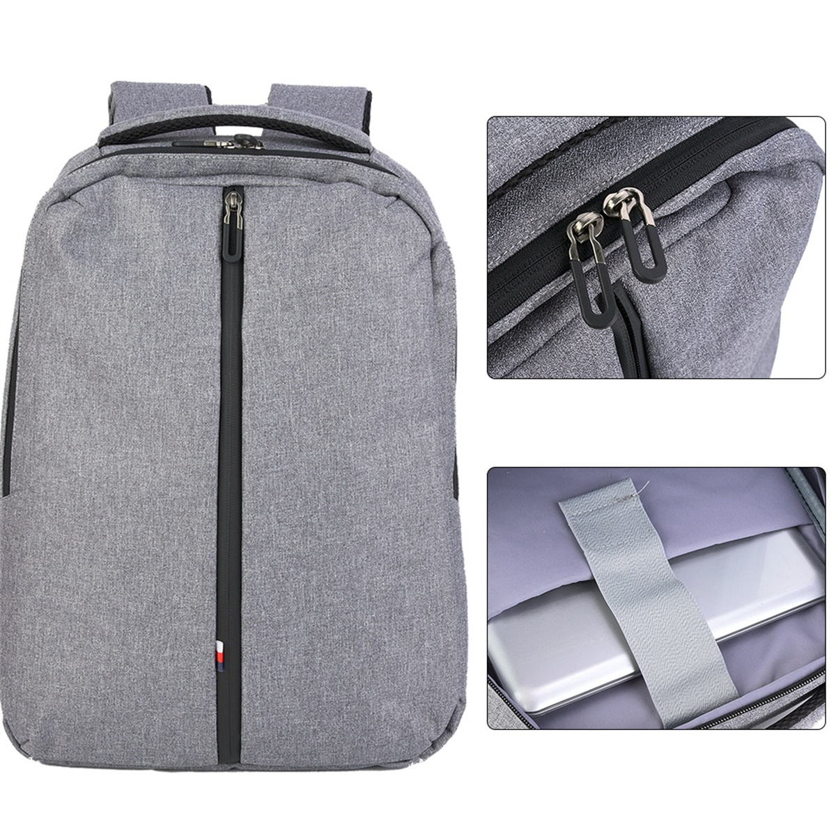 Grauer Rucksack mit schwarzem Reißverschluss, Details. Zeigt Reißverschluss und Innenraum mit Laptop.