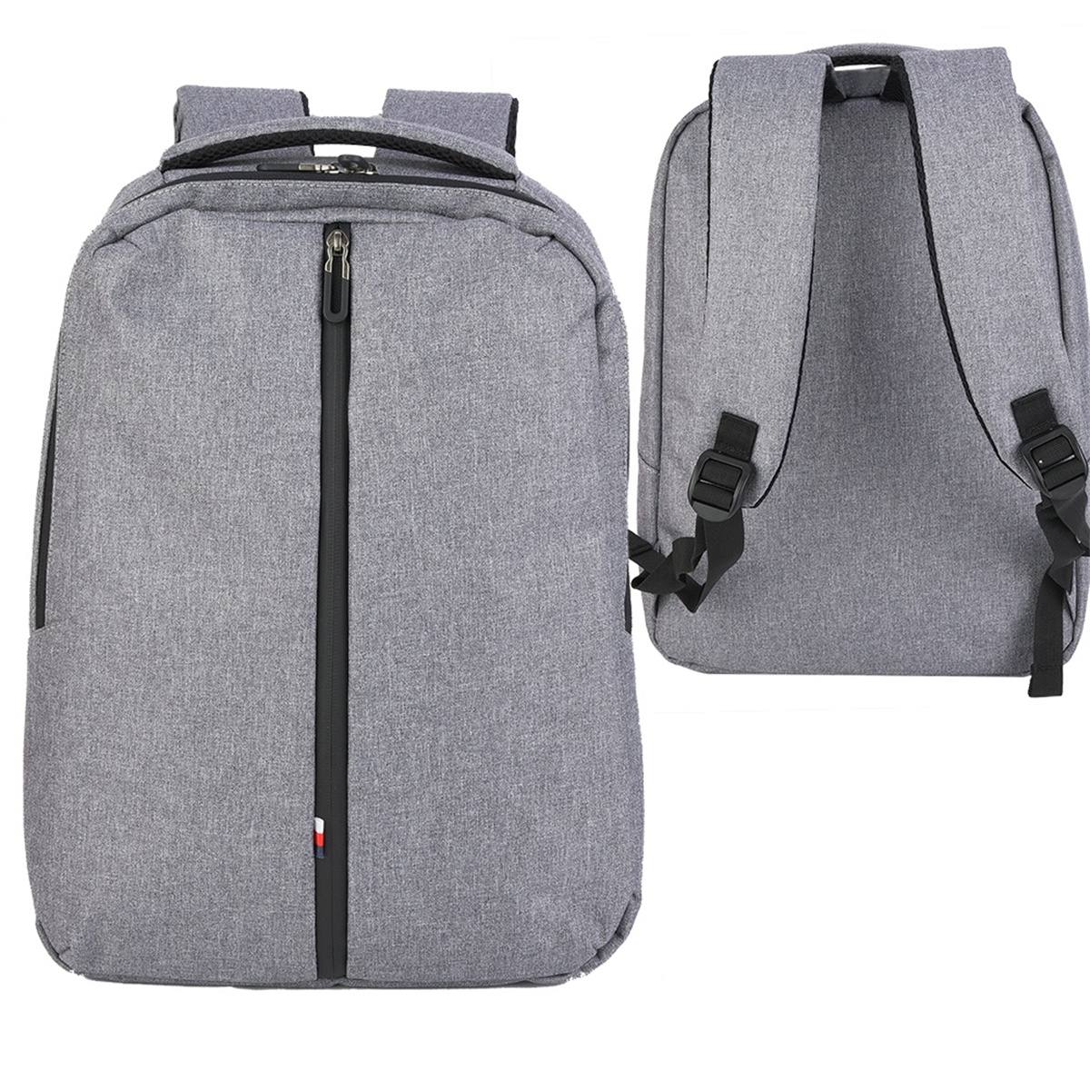 Ein grauer Rucksack mit schwarzem Reißverschluss. Eine Zwei-Ansichten-Aufnahme zeigt die Rückseite mit Trägern.