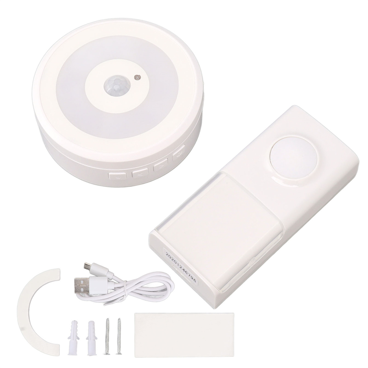 Weiße Leuchten mit Sensor, USB-Kabel und Montagezubehör auf weißer Oberfläche.
