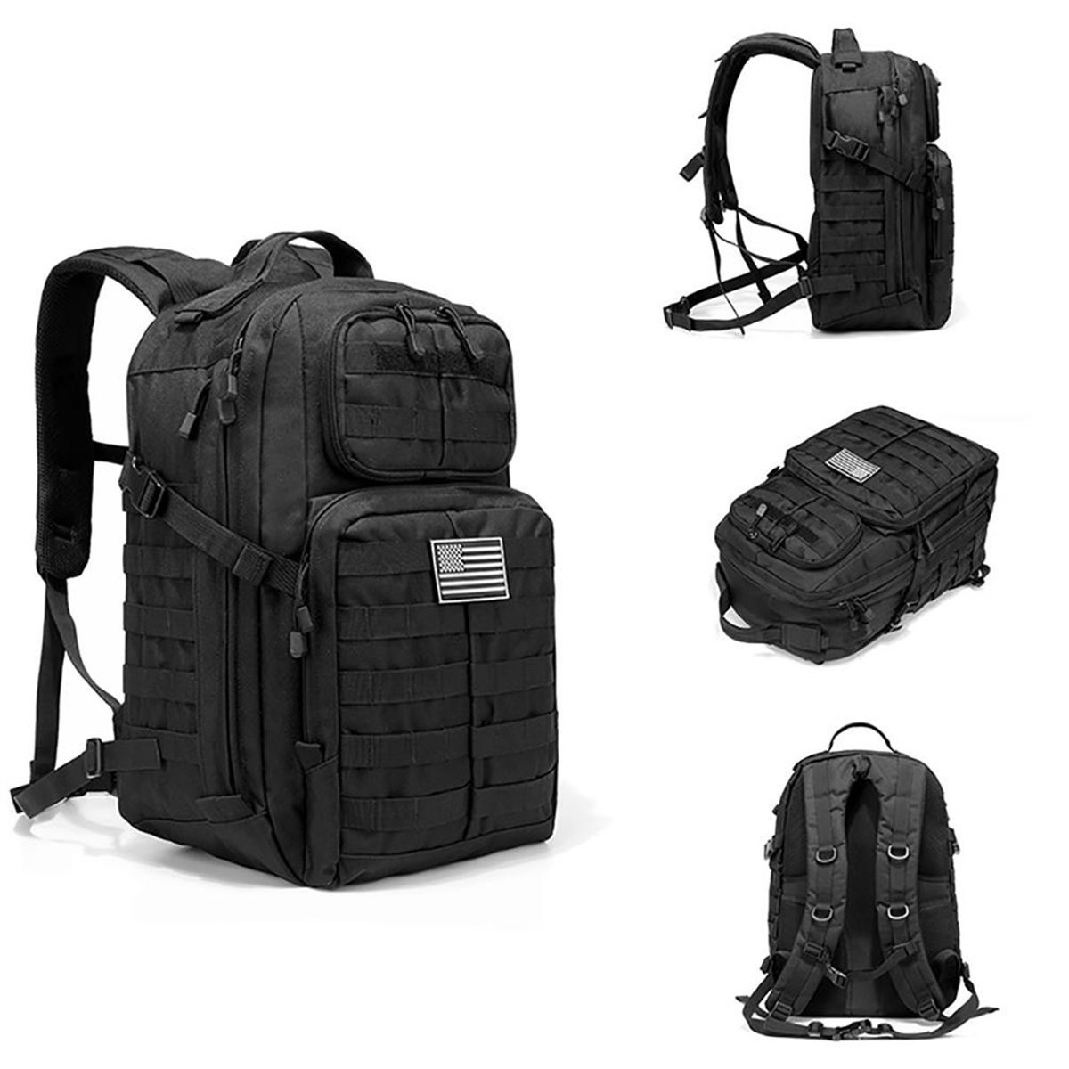 Schwarzer taktischer Rucksack mit US-Flaggenaufnäher. Mehrere Ansichten zeigen Details.