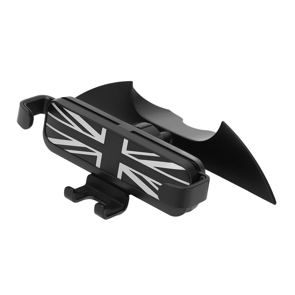 Schwarze Autotelefonhalterung mit Union Jack-Design. Auf der Rückseite ist ein fledermausförmiges Design.