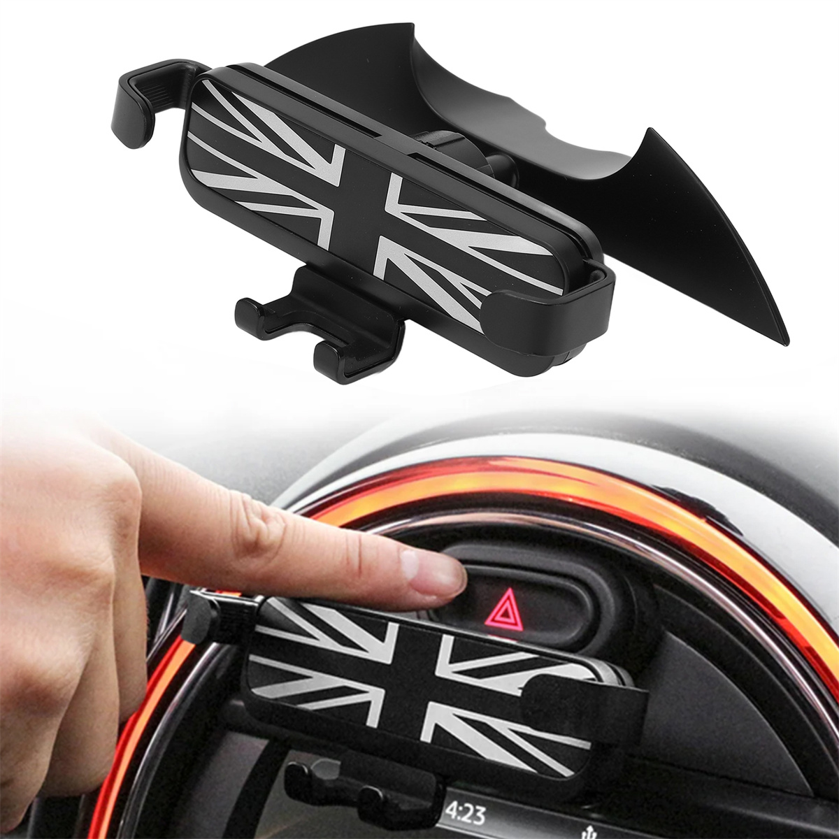 Auto-Telefonhalter mit Union Jack-Design, am Armaturenbrett montiert, mit Hand, die einen Knopf drückt.