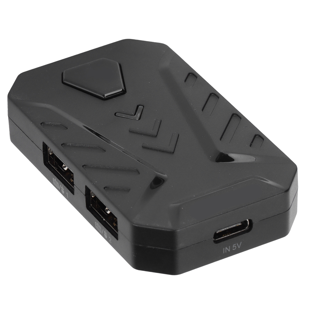 Ein schwarzes, rechteckiges Gerät mit USB-Anschlüssen und einem IN 5V-Anschluss.
