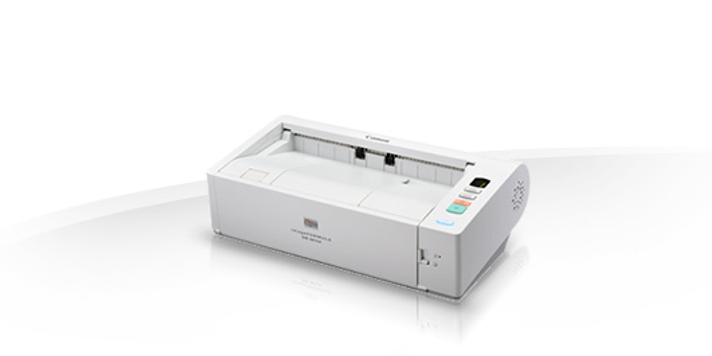 Uno scanner bianco con un design a letto piatto, su uno sfondo sfumato.