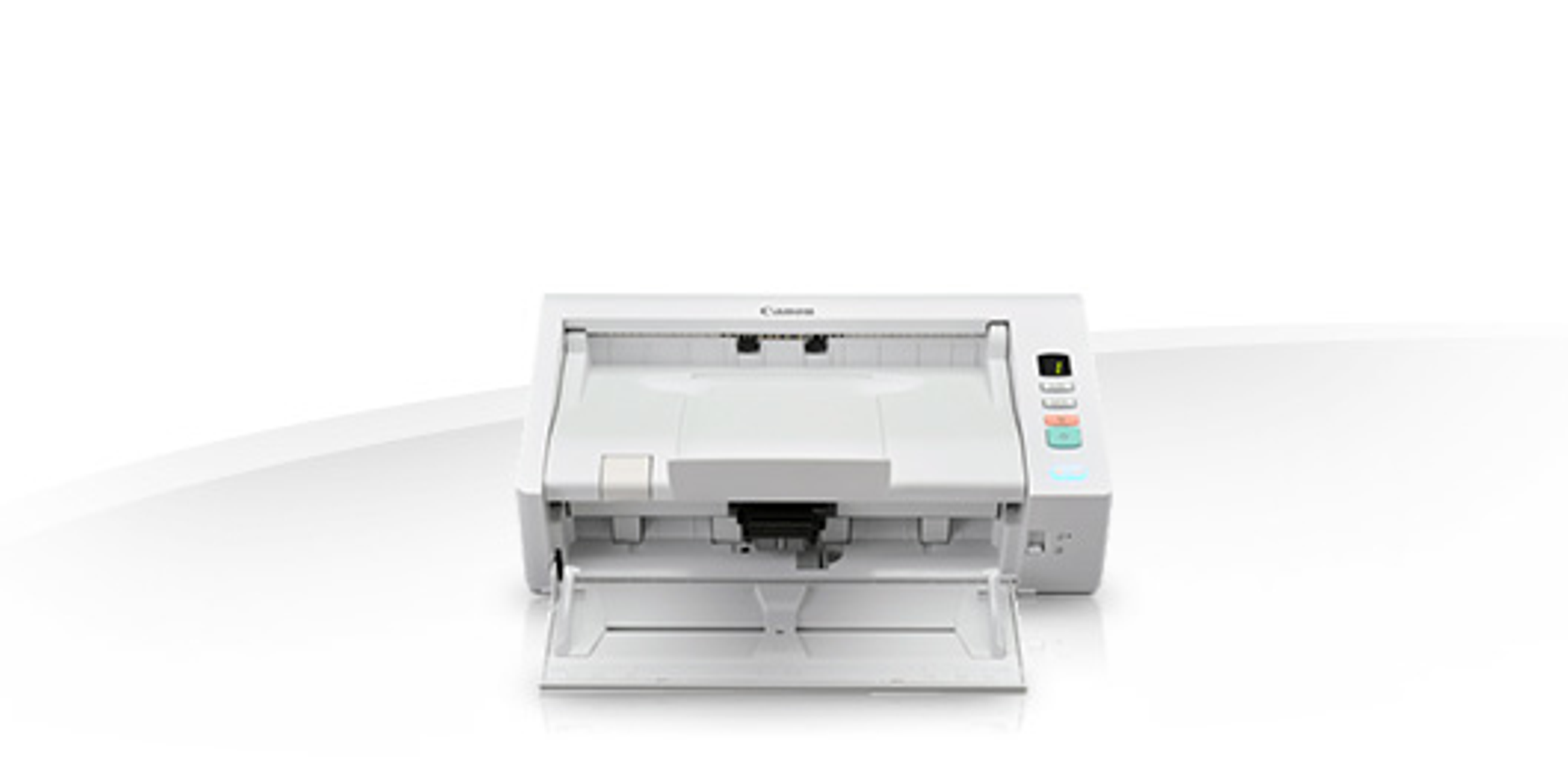 Scanner Canon bianco con vassoio documenti aperto, isolato su sfondo bianco.