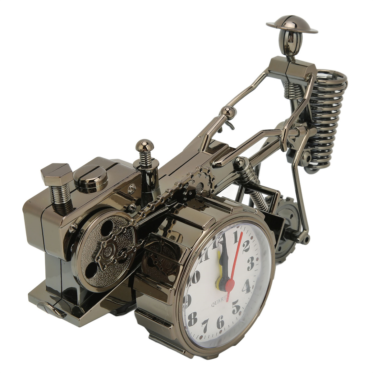 Eine metallische Uhr im Steampunk-Stil mit einer Figur auf Motorradbasis und Ziffernblatt.