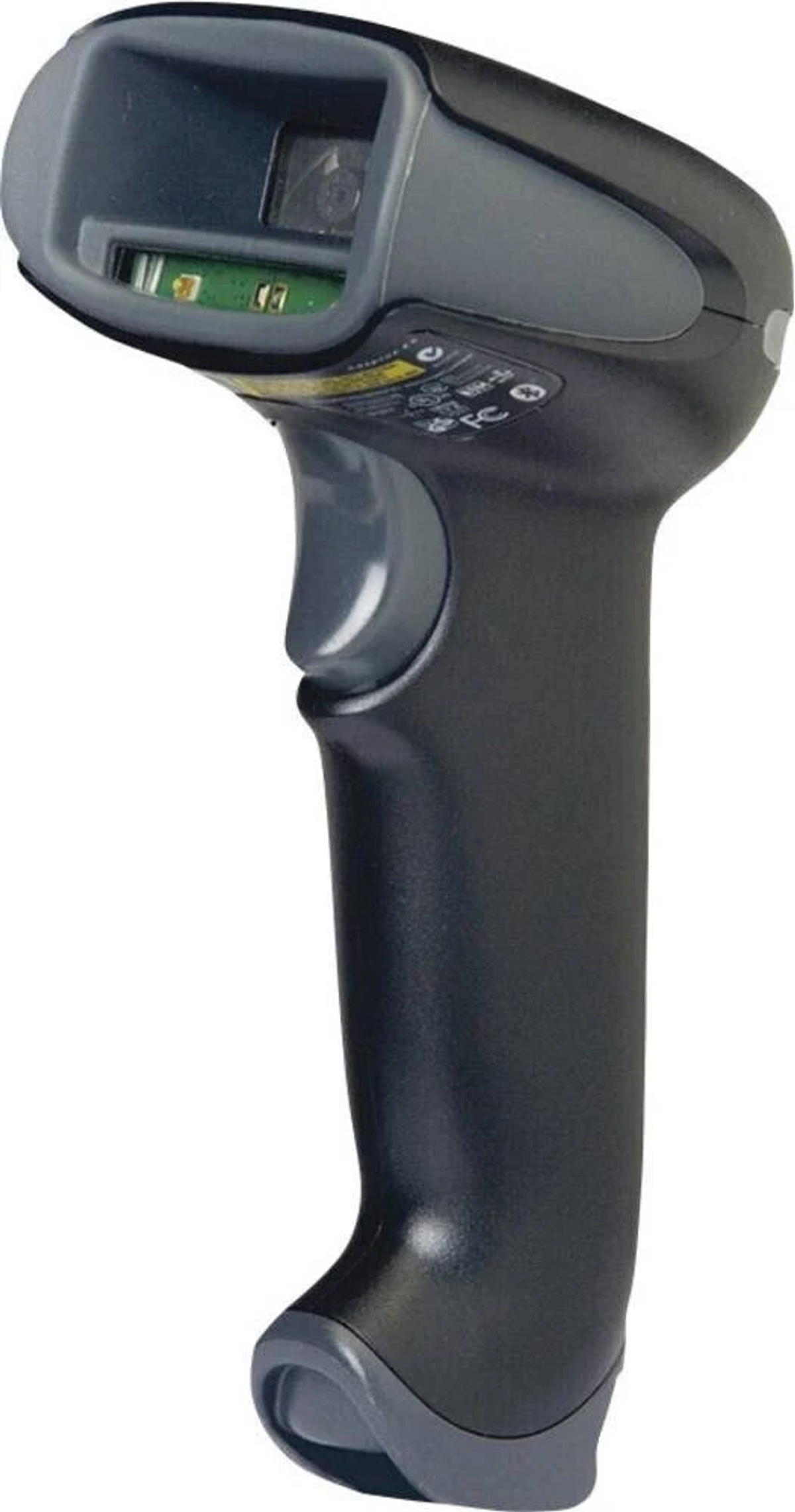 Scanner di codici a barre nero e grigio. Pulsante di attivazione grigio. La testa superiore ha una fessura per la scansione.