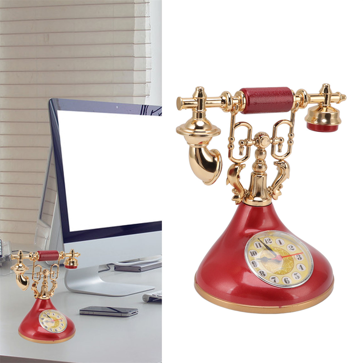 Rotes Vintage-Telefon mit Ziffernblatt, goldenen Details und roter Basis. Auf einem Tisch.
