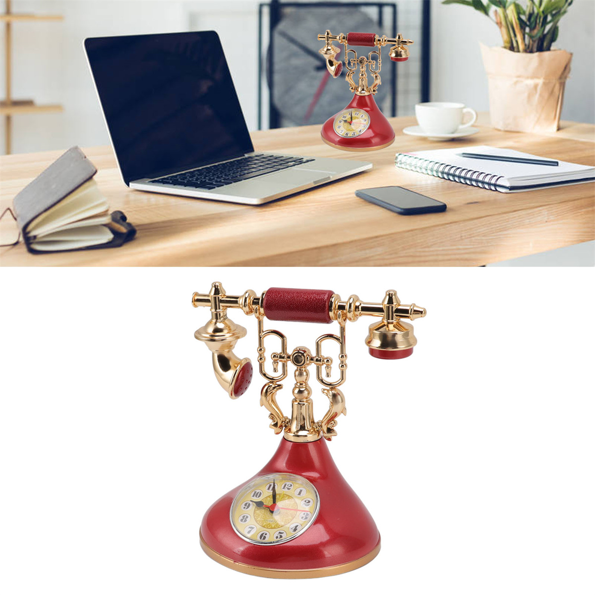 Rotes Vintage-Telefon mit Uhr. Daneben liegen ein Telefon, ein Notizbuch und ein Laptop auf einem Schreibtisch.